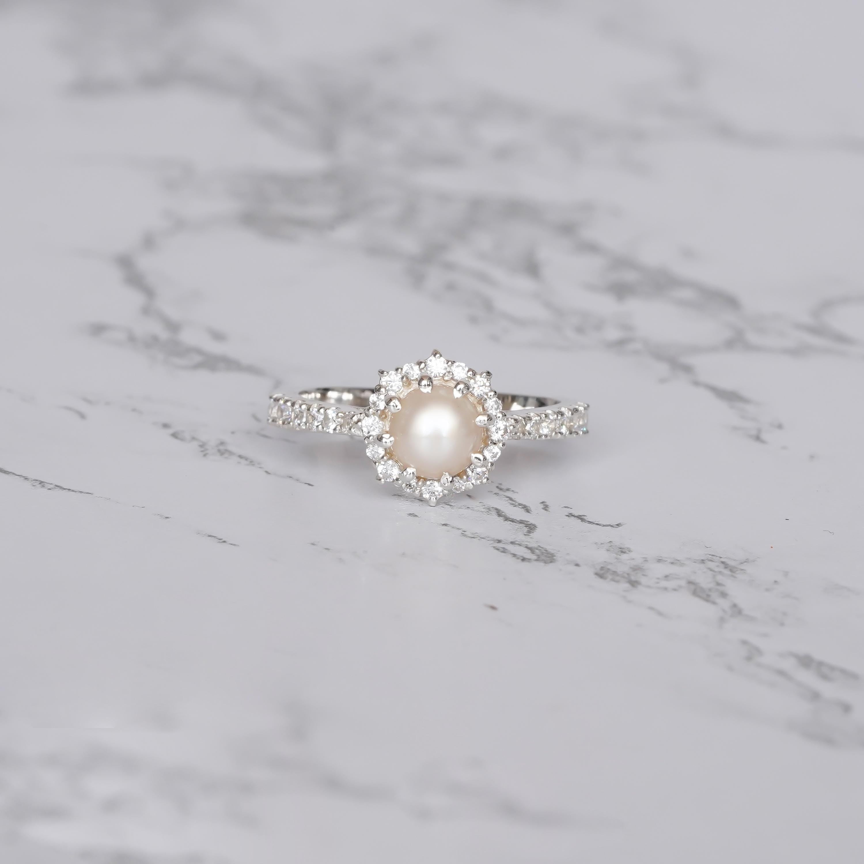 Pearl Halo Ring, Art Deco Sterling Silver, Moissanite Accents