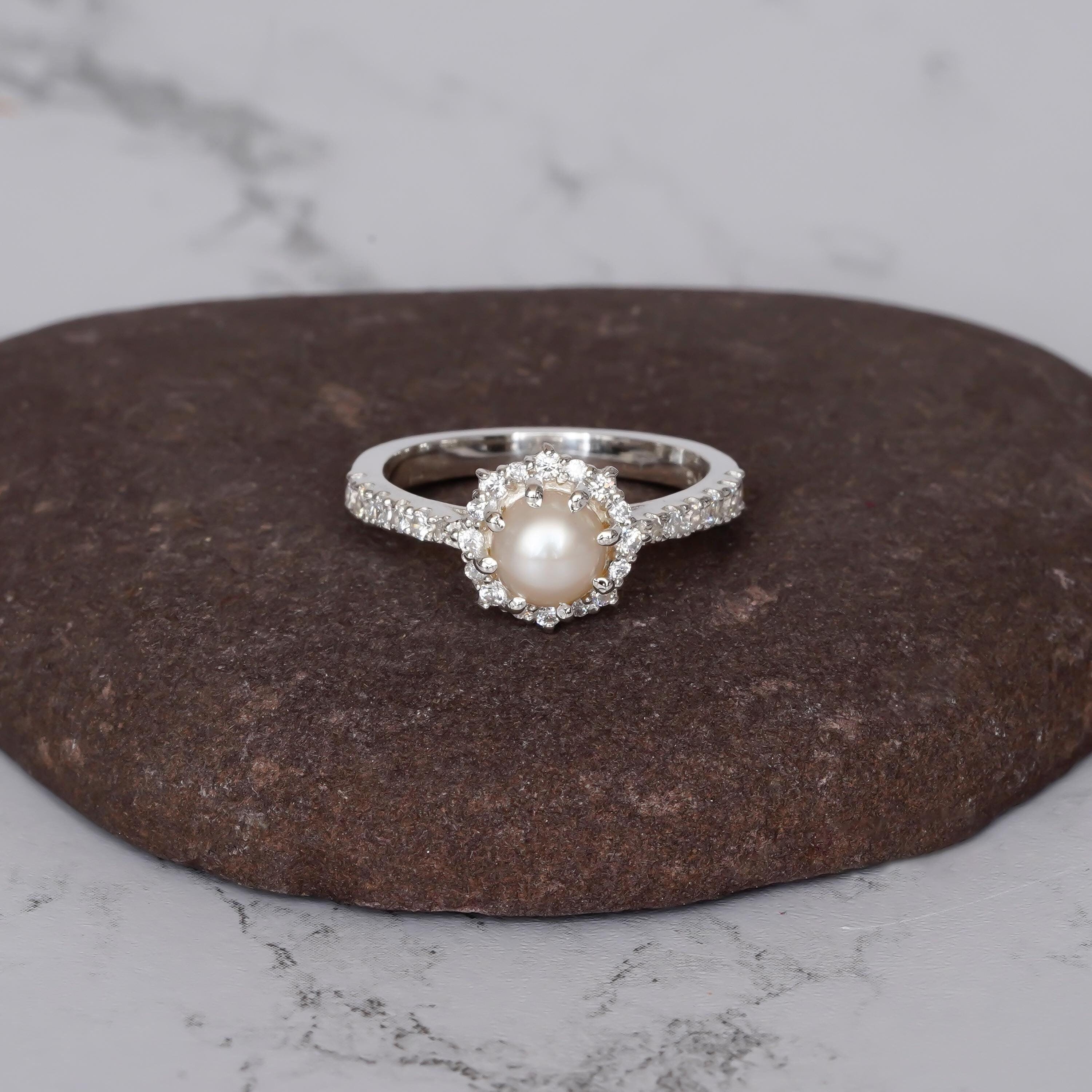Pearl Halo Ring, Art Deco Sterling Silver, Moissanite Accents