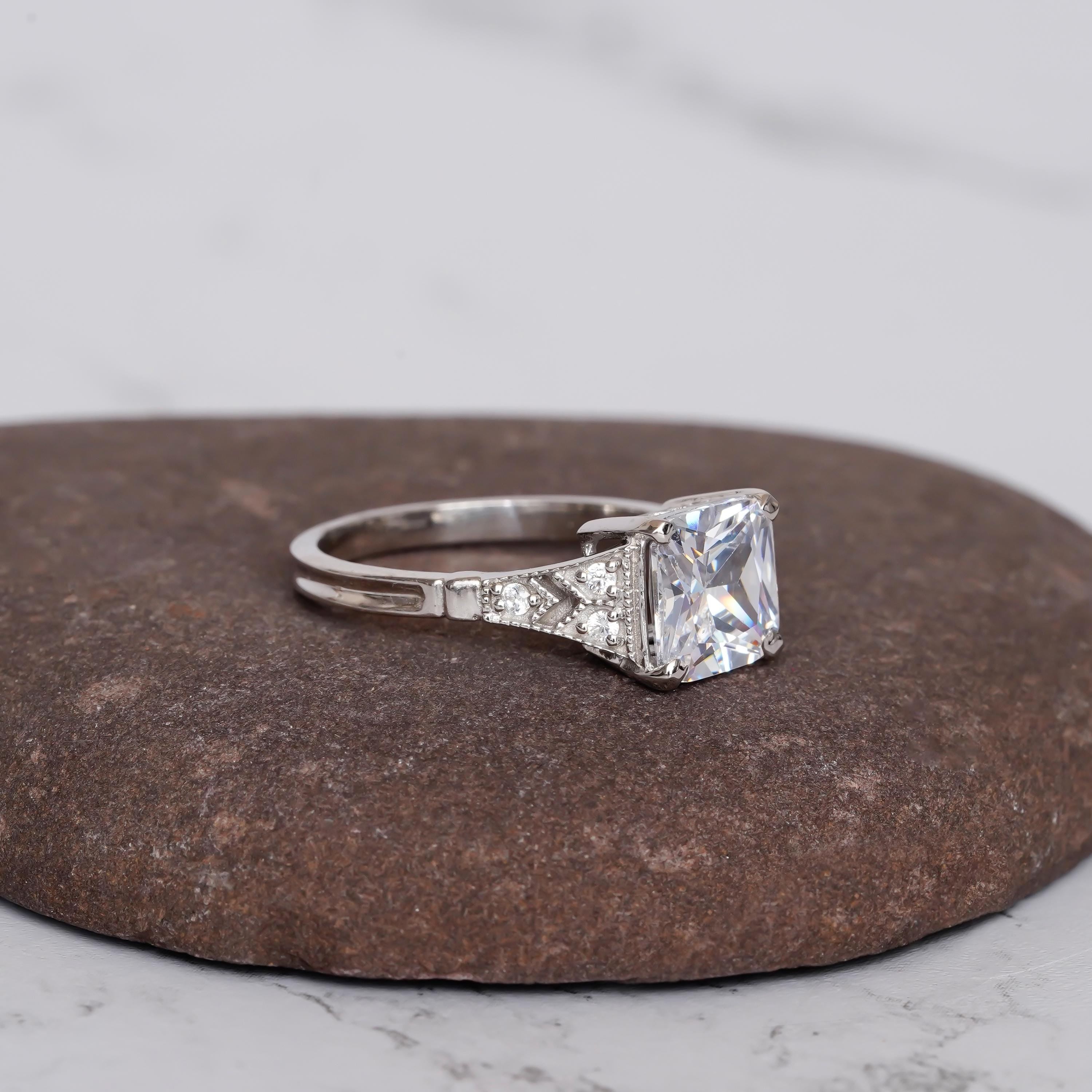 Cushion Moissanite Engagement Ring, Art Deco Halo, 925 Sterling Silver