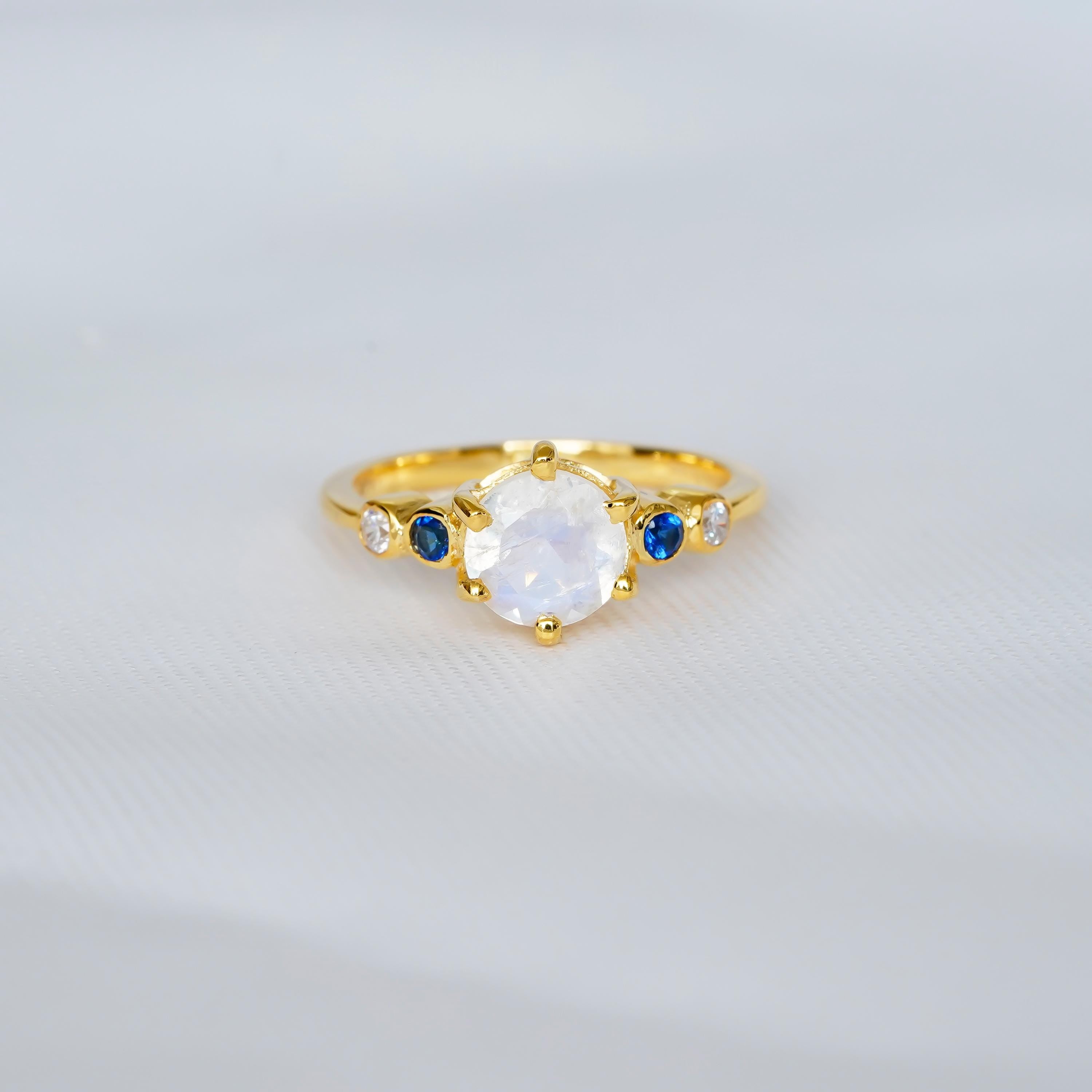 Rainbow Moonstone Engagement Ring, Sterling Silver Prong Set, Sapphire Accents