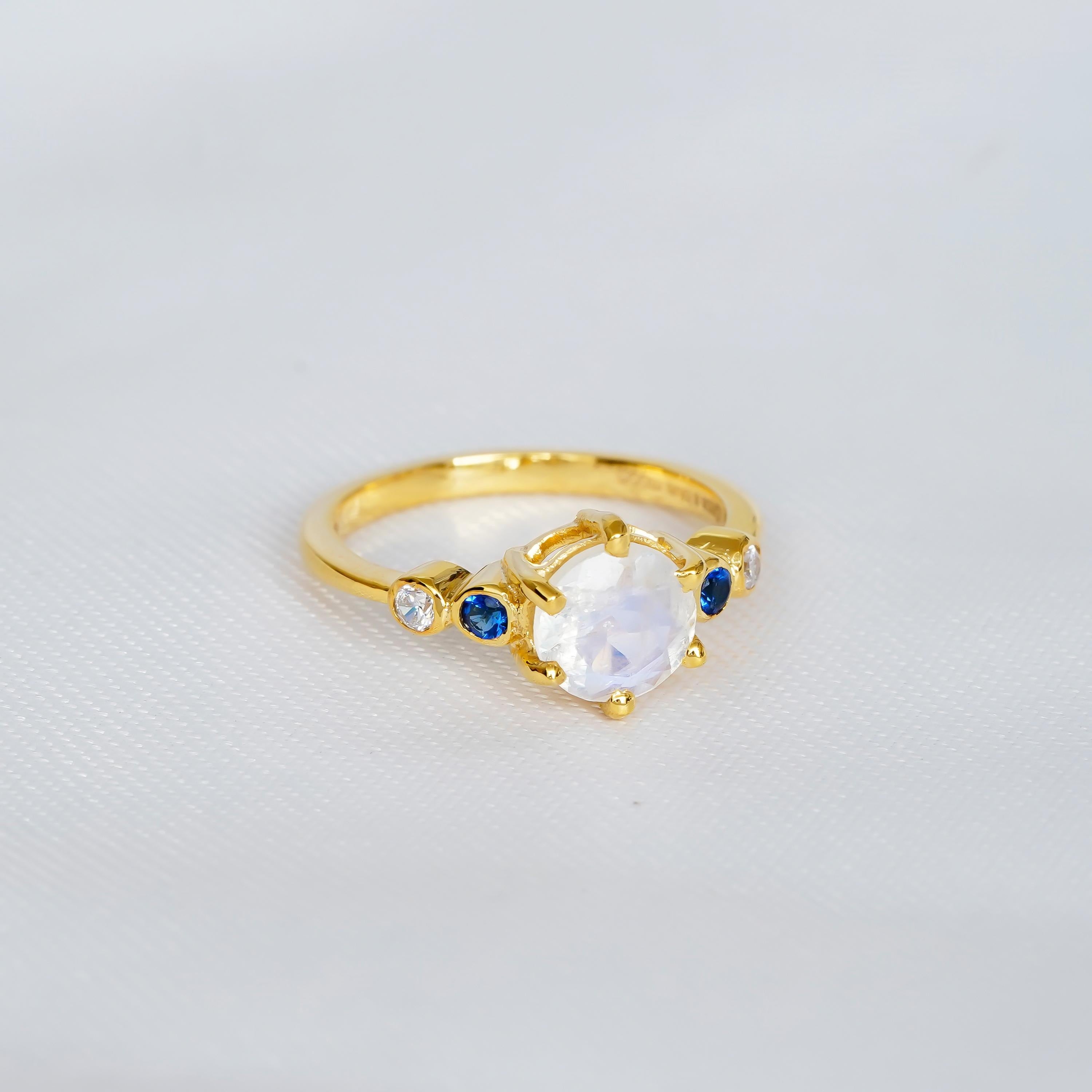 Rainbow Moonstone Engagement Ring, Sterling Silver Prong Set, Sapphire Accents
