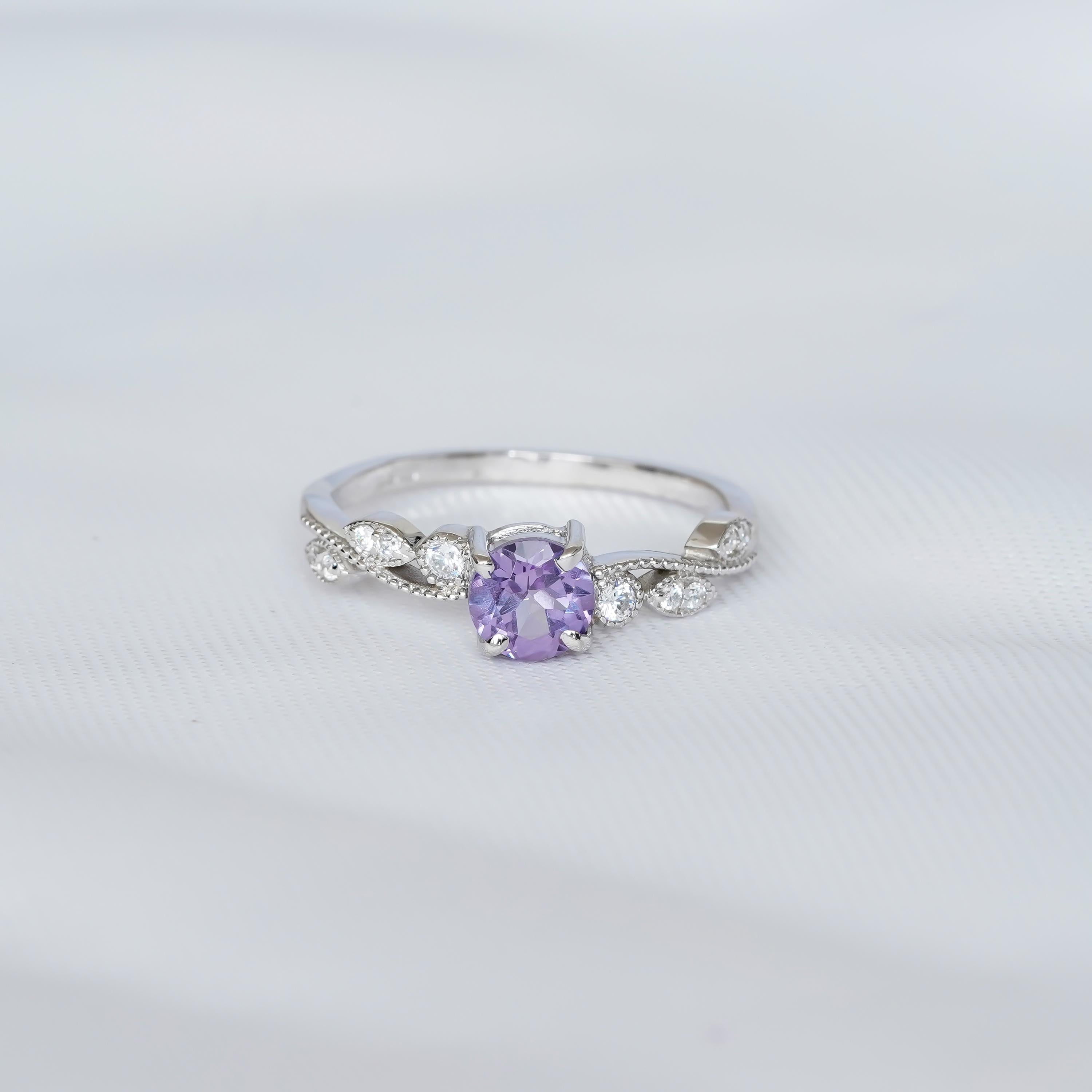 Amethyst Engagement Ring, Sterling Silver Vine Leaf, Round Solitaire