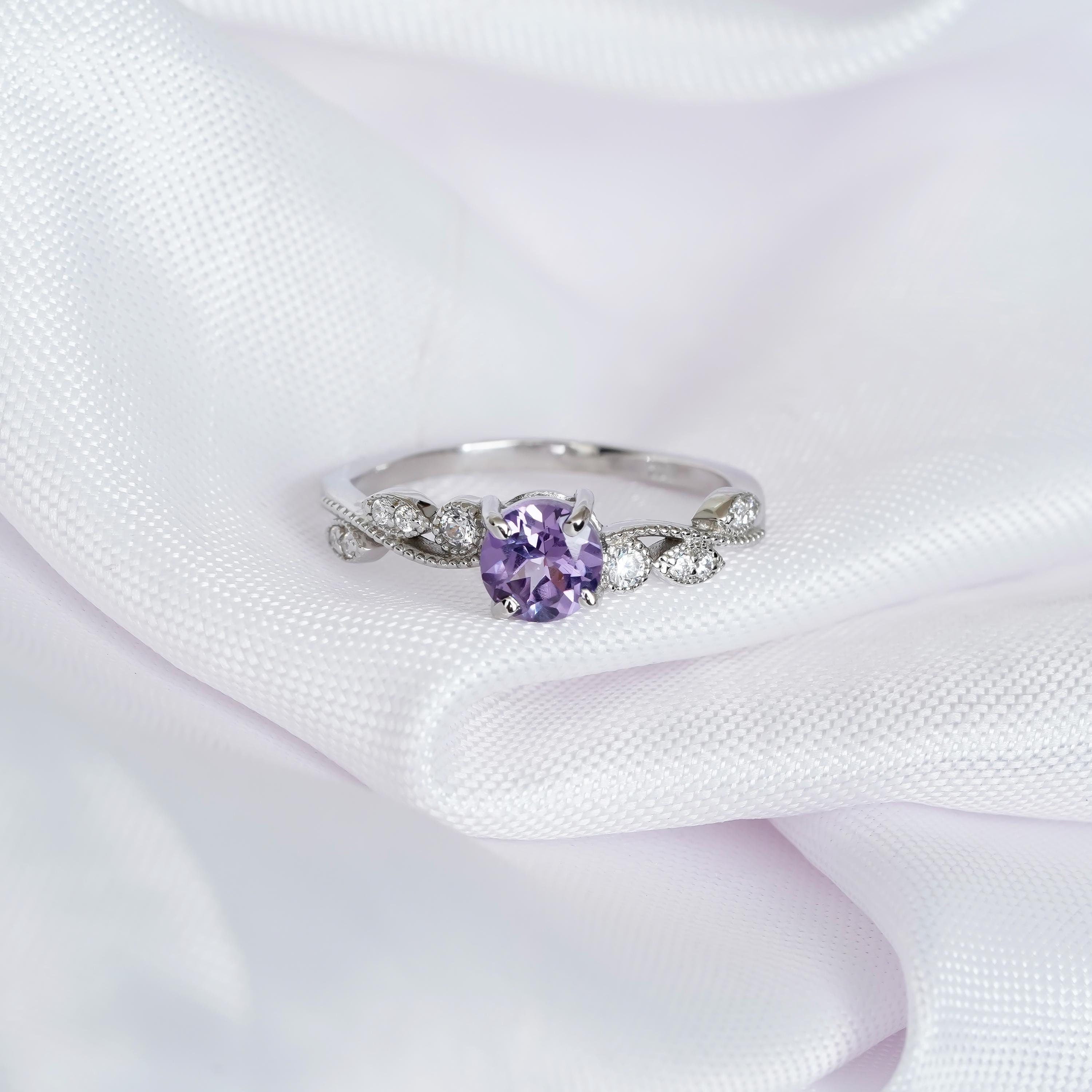 Amethyst Engagement Ring, Sterling Silver Vine Leaf, Round Solitaire