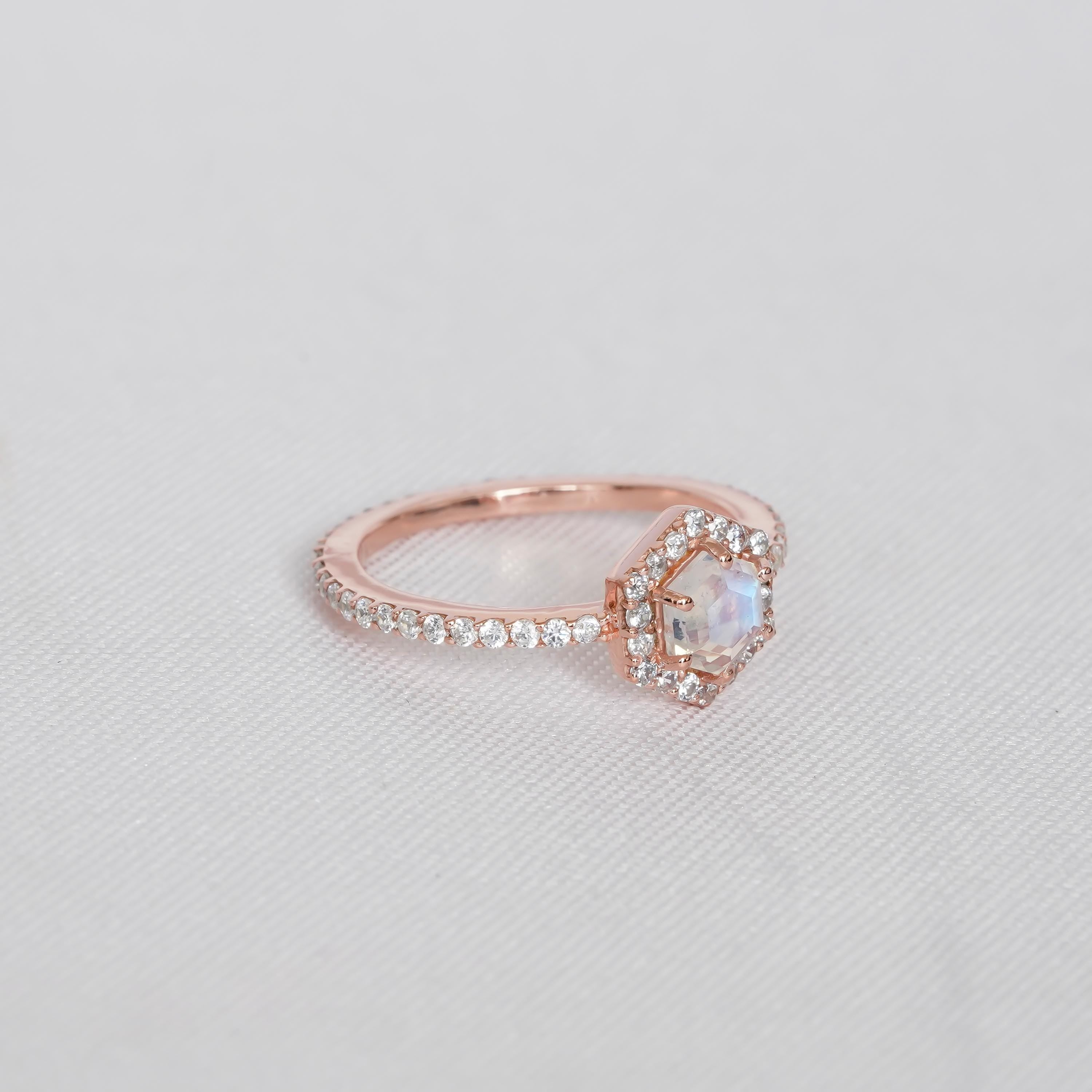 Hexagon Moonstone Ring, Sterling Silver Halo, Vintage Engagement
