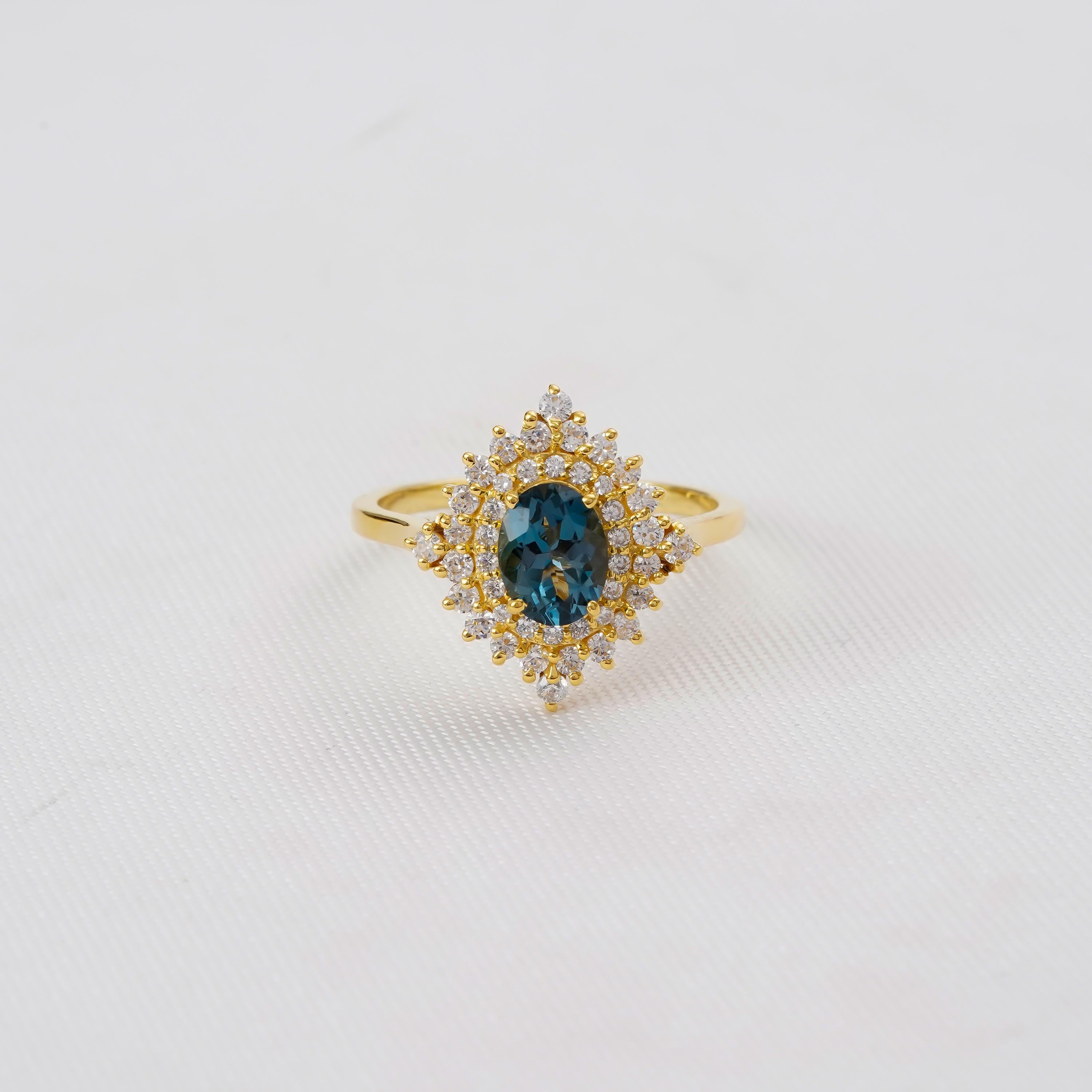 Blue Topaz Sterling Silver Engagement Ring, Sunflower Halo, Vintage Style