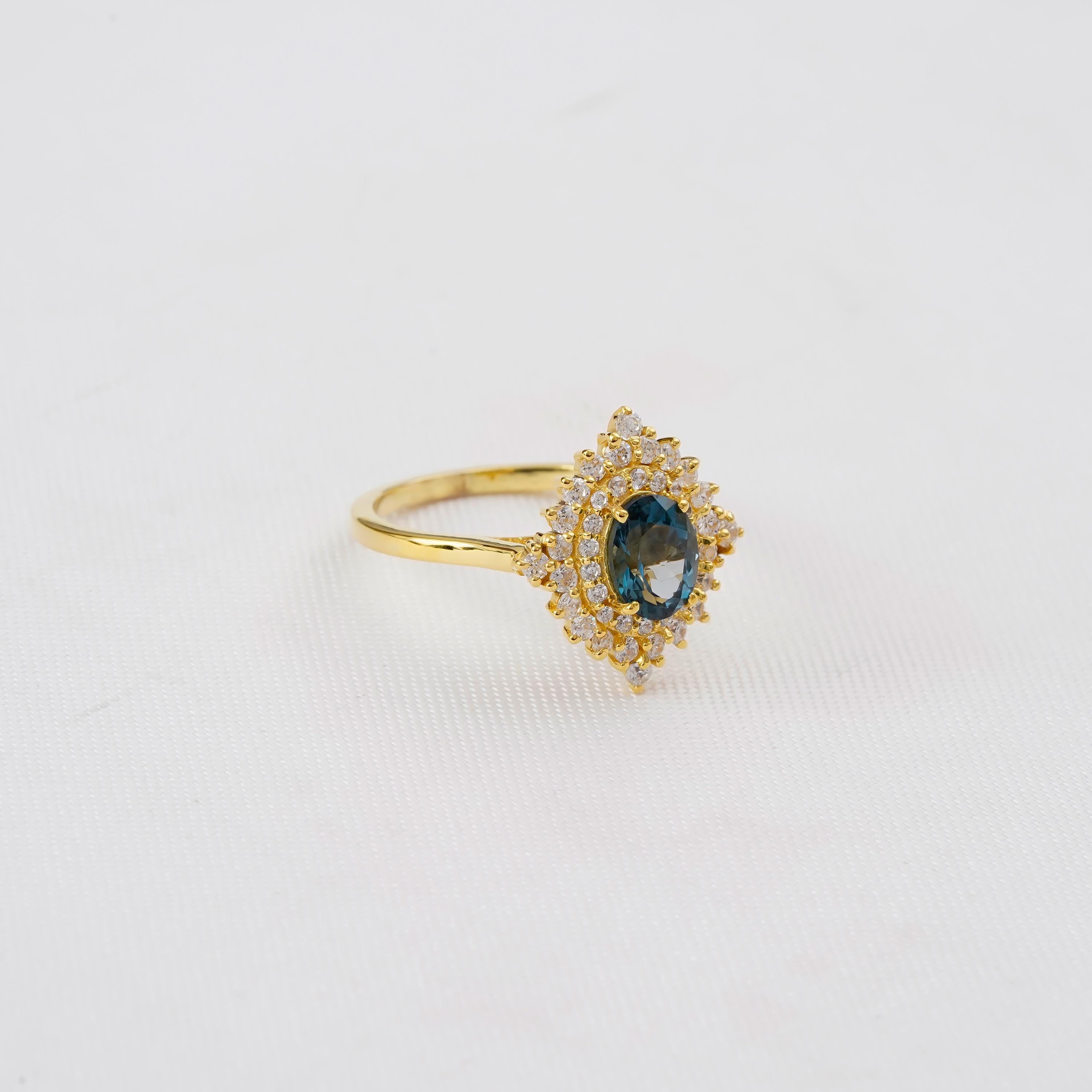 Blue Topaz Sterling Silver Engagement Ring, Sunflower Halo, Vintage Style