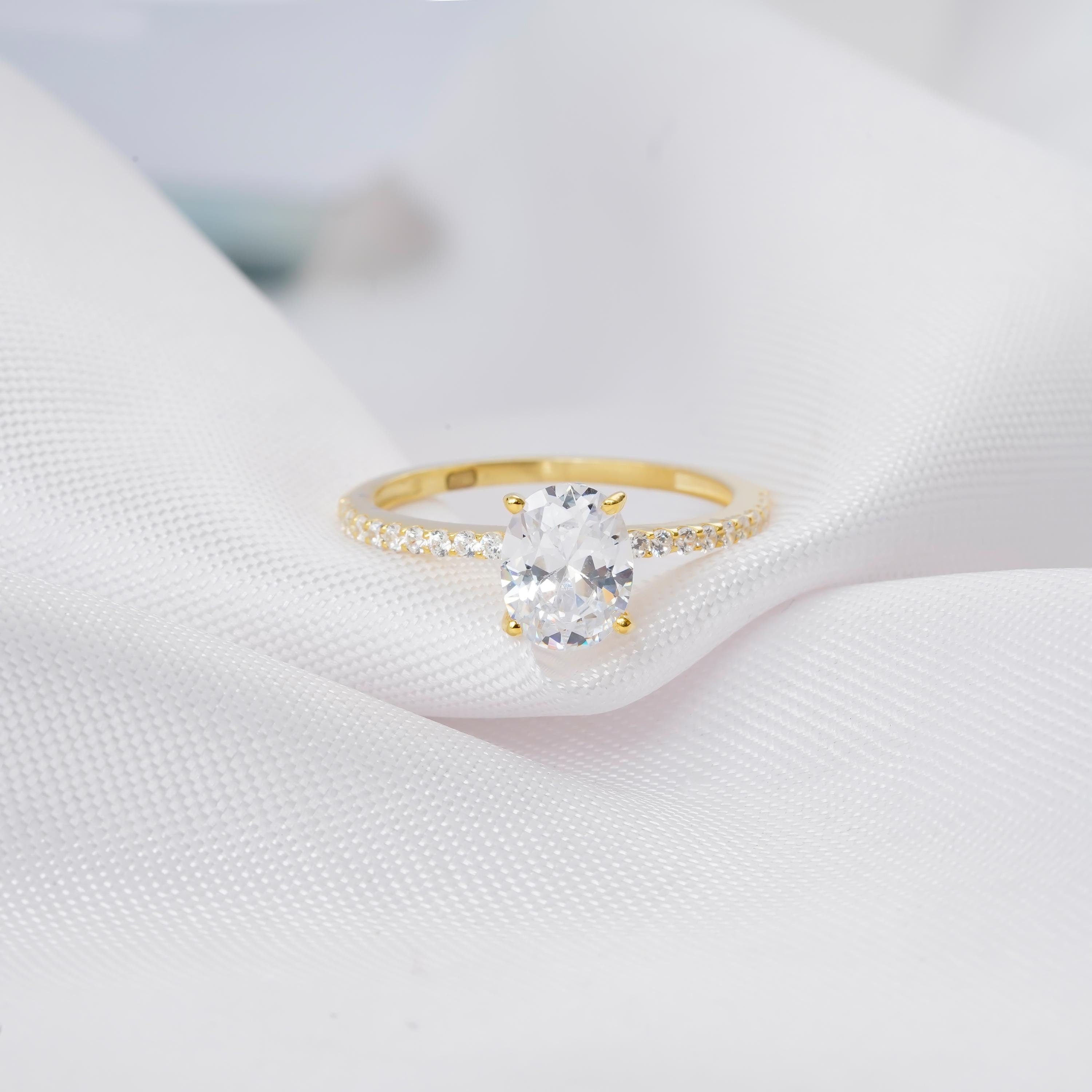 Oval Moissanite Halo Engagement Ring, Sterling Silver Anniversary Ring