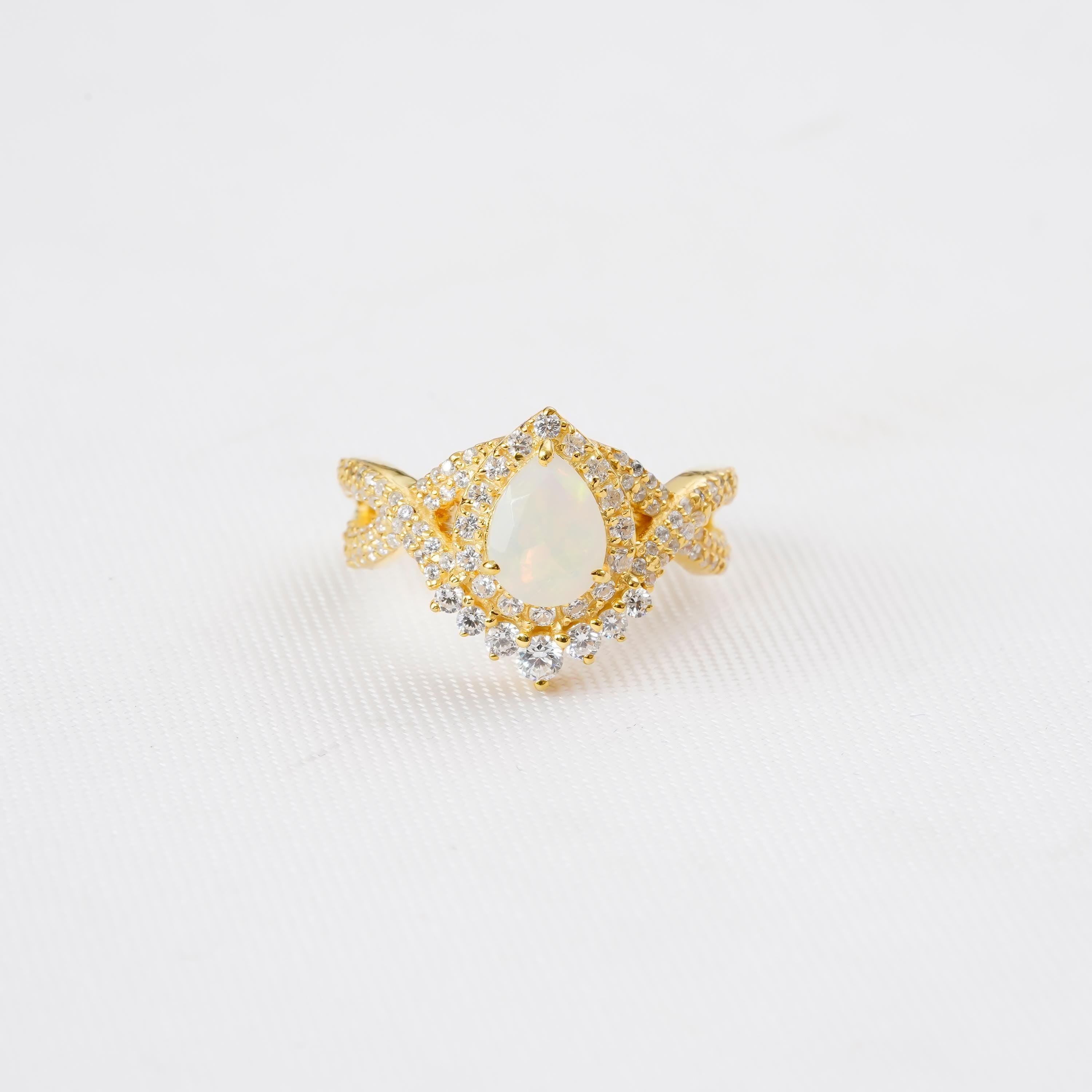 Pear Opal Engagement Ring, Sterling Silver Halo, Vintage Infinity Band