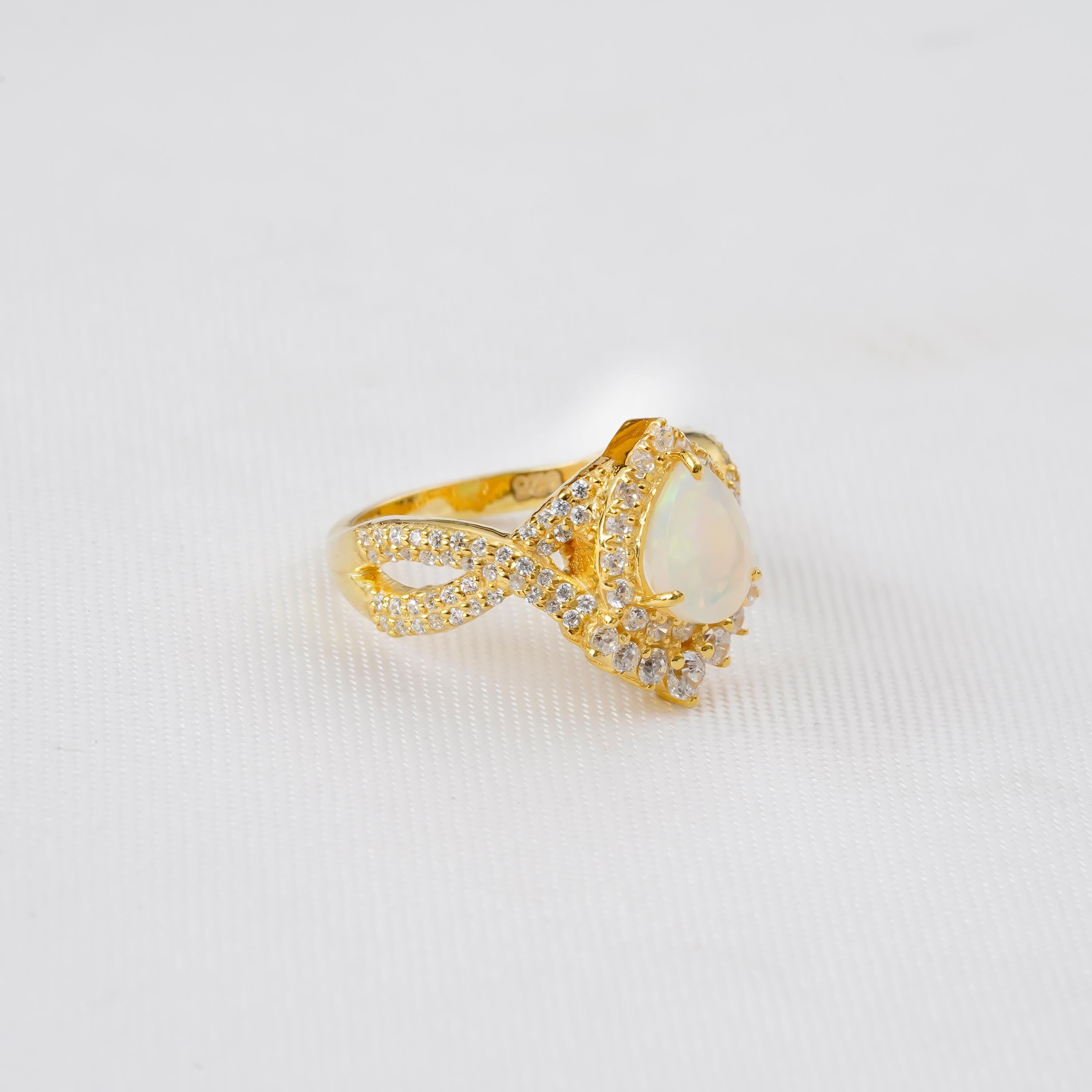 Pear Opal Engagement Ring, Sterling Silver Halo, Vintage Infinity Band
