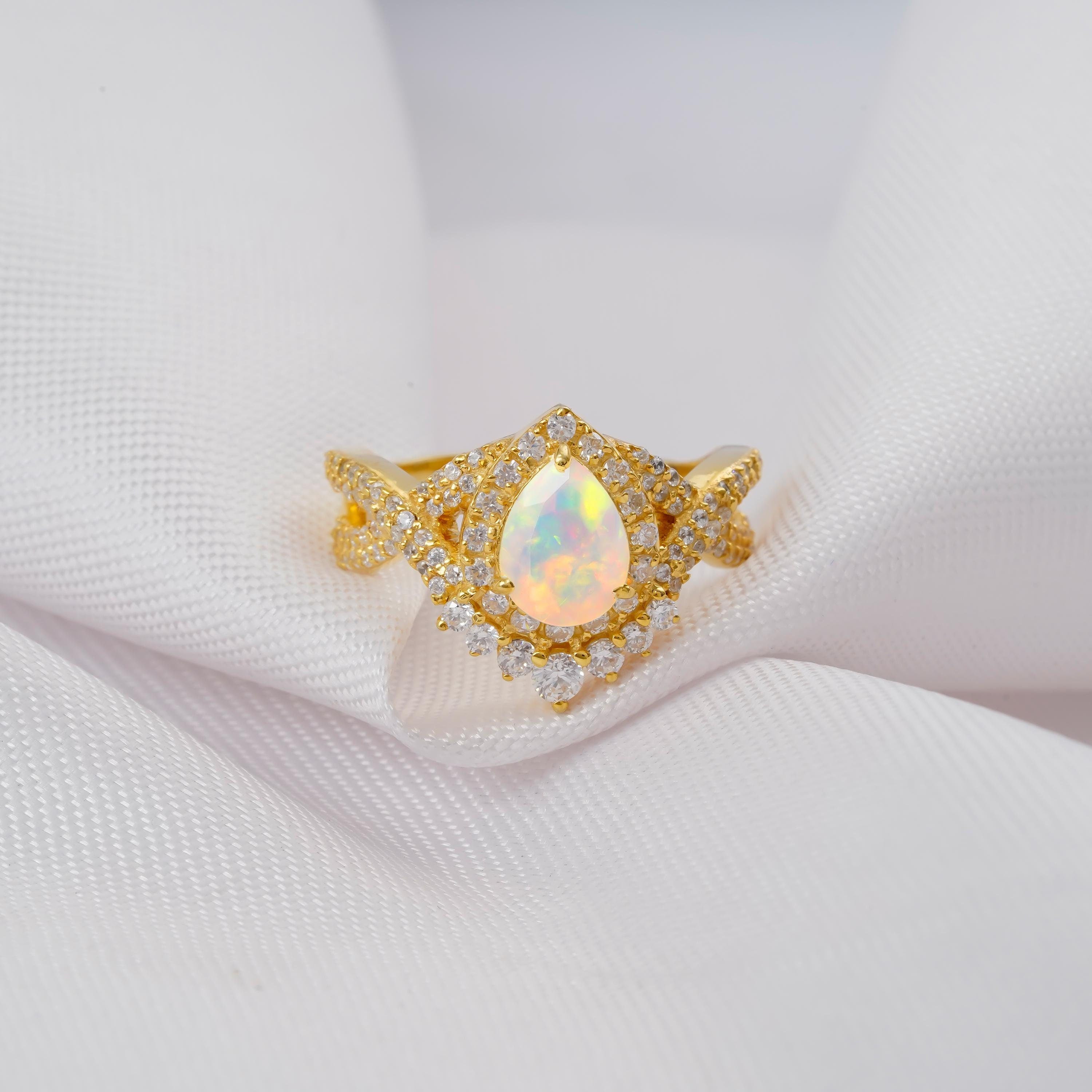 Pear Opal Engagement Ring, Sterling Silver Halo, Vintage Infinity Band