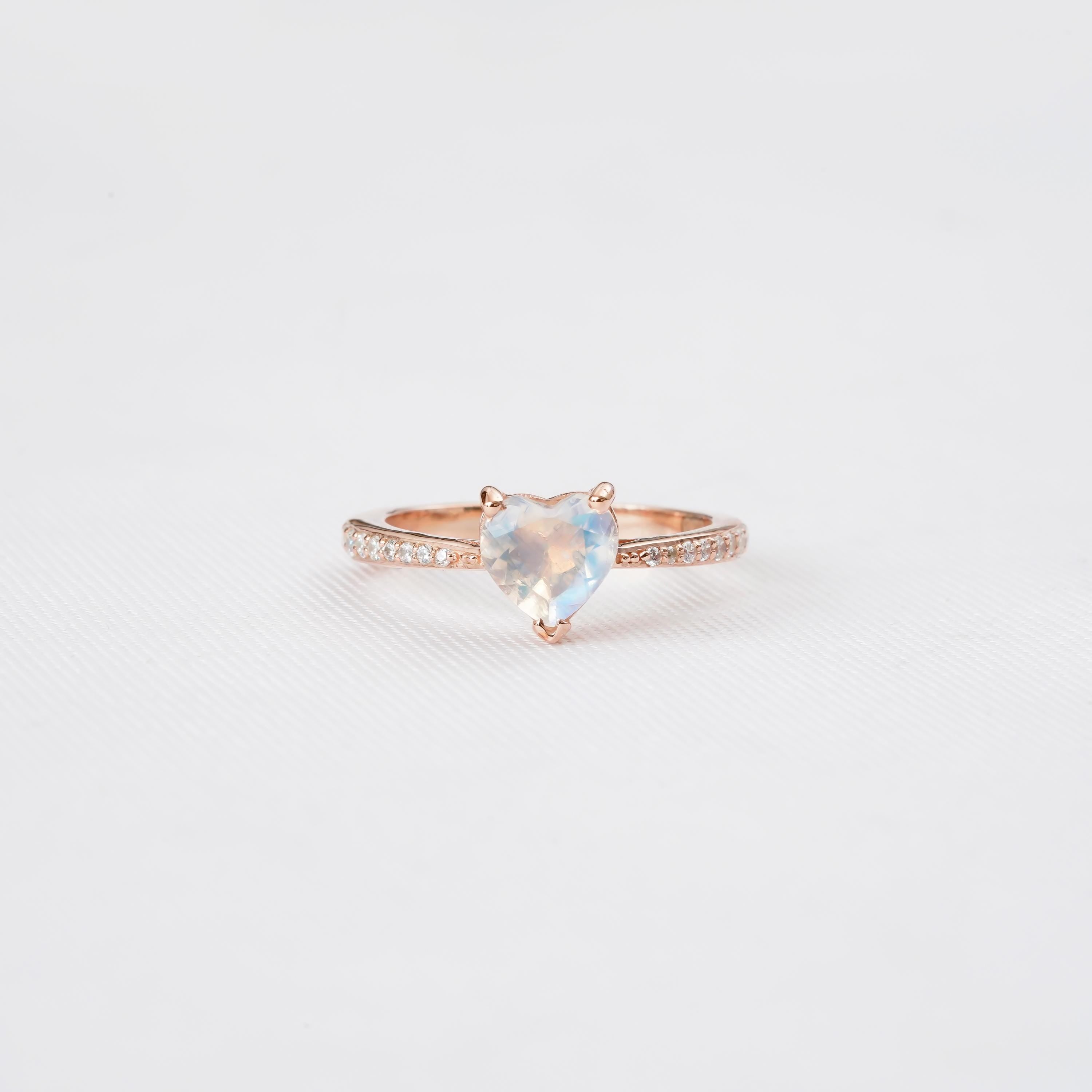 Heart Moonstone Ring, 925 Sterling Silver, Vintage Halo Engagement