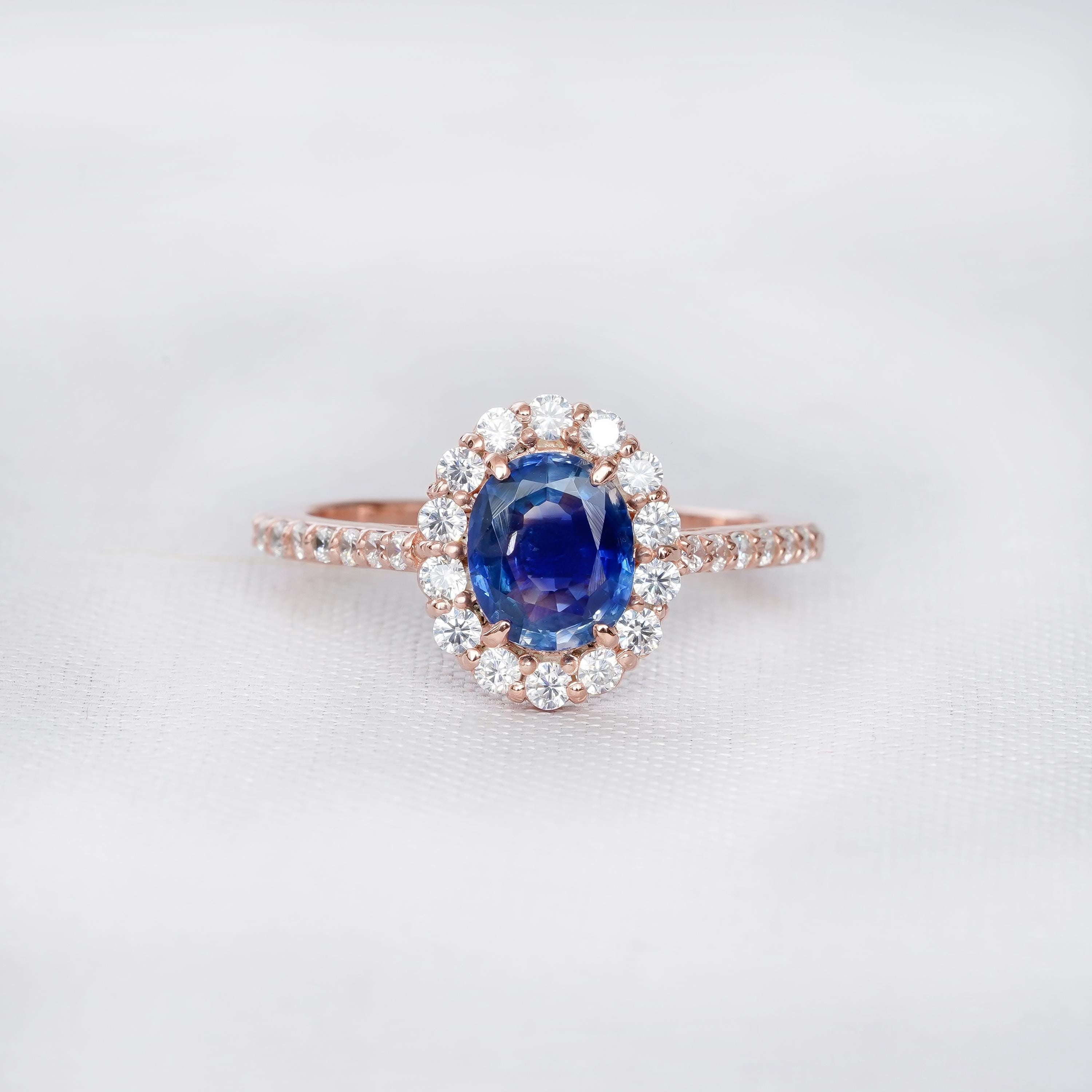 Oval Blue Sapphire Engagement Ring, Sterling Silver Flower Halo