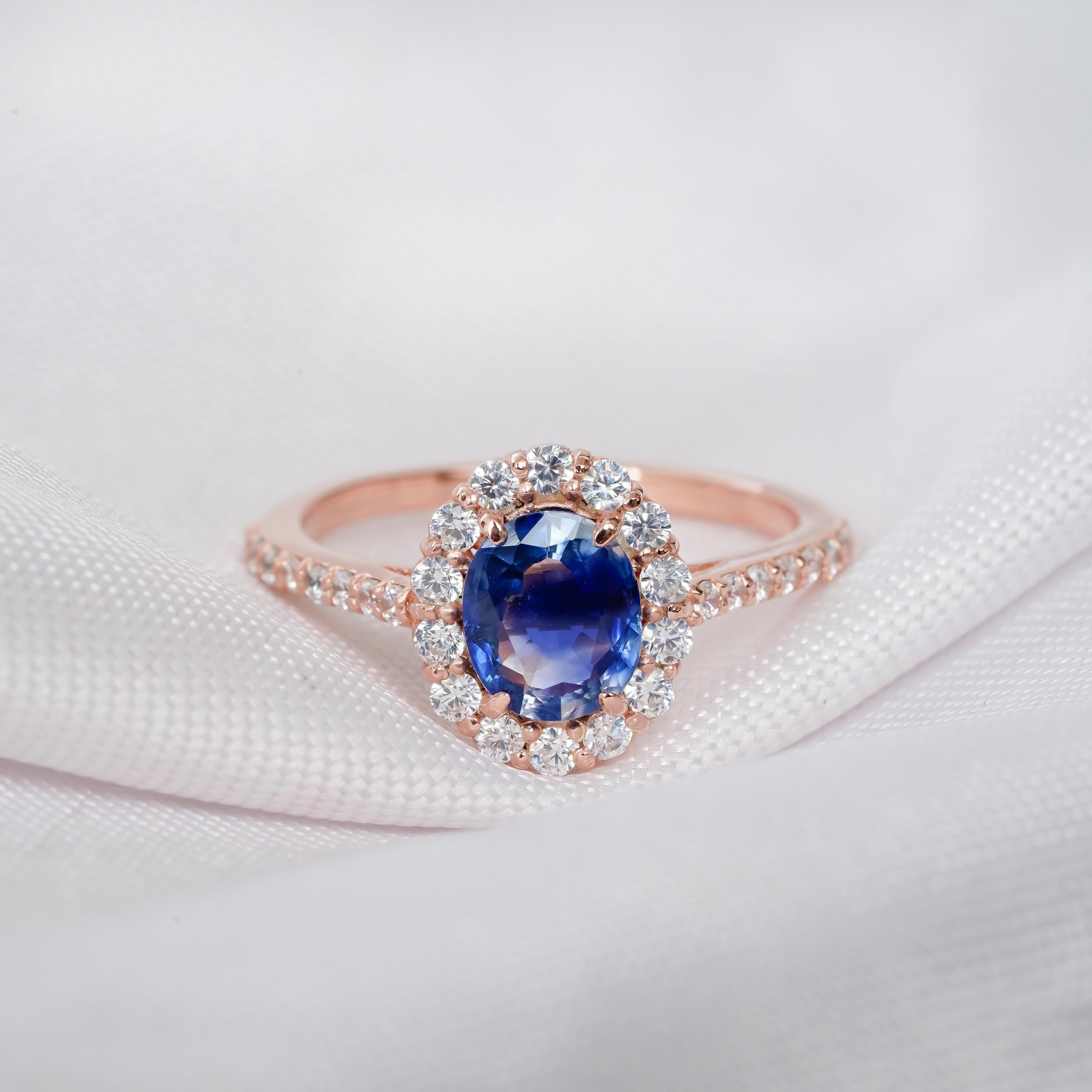 Oval Blue Sapphire Engagement Ring, Sterling Silver Flower Halo