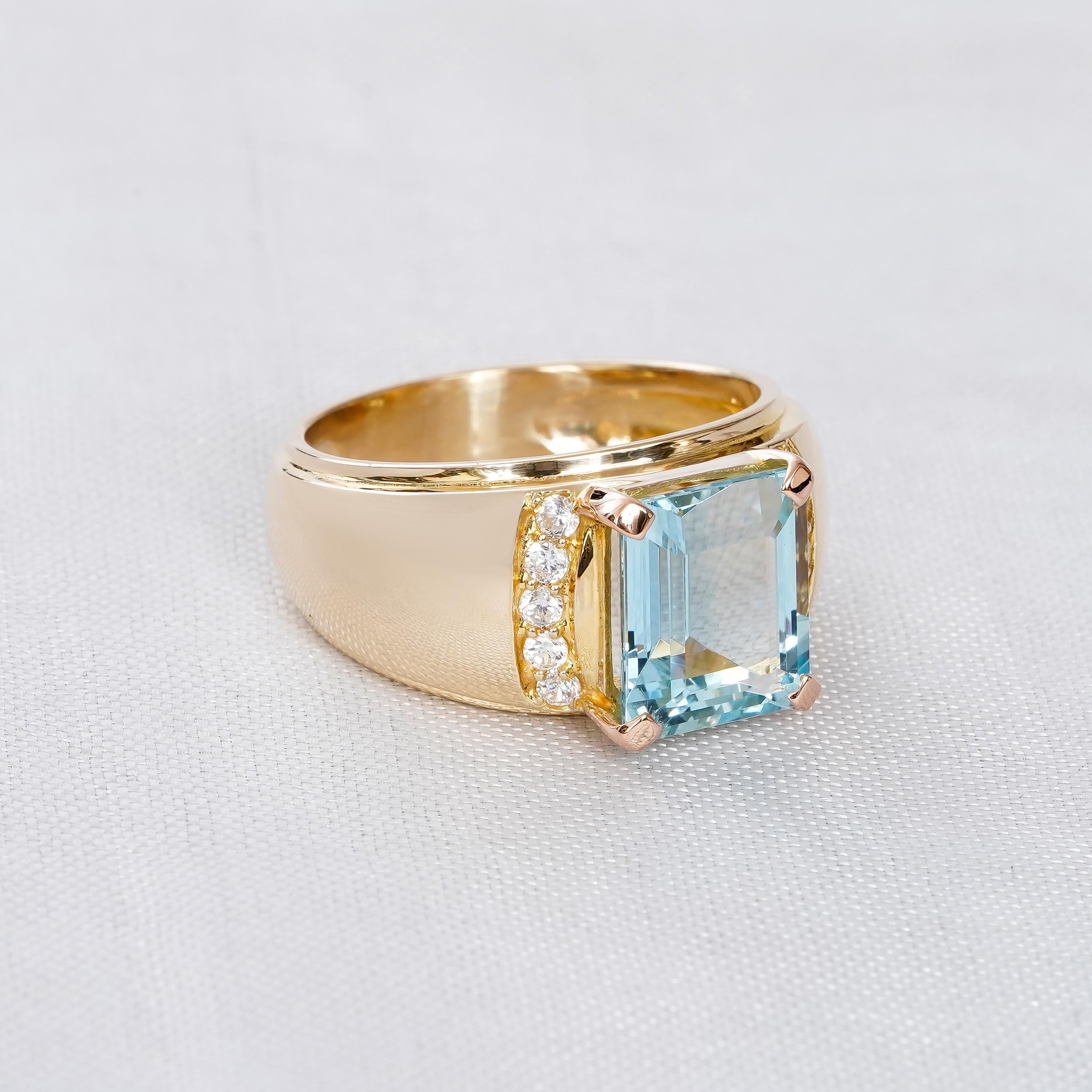 Emerald Cut Aquamarine Ring, Sterling Silver Wide Band with Moissanite