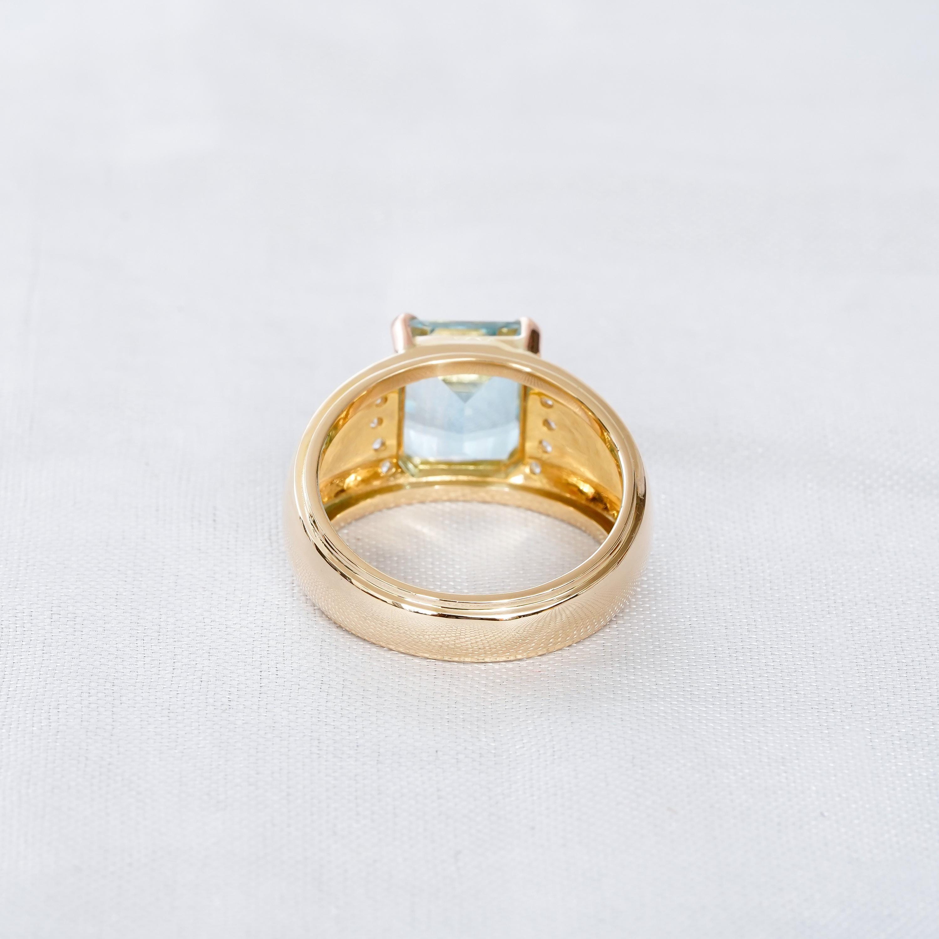 Emerald Cut Aquamarine Ring, Sterling Silver Wide Band with Moissanite