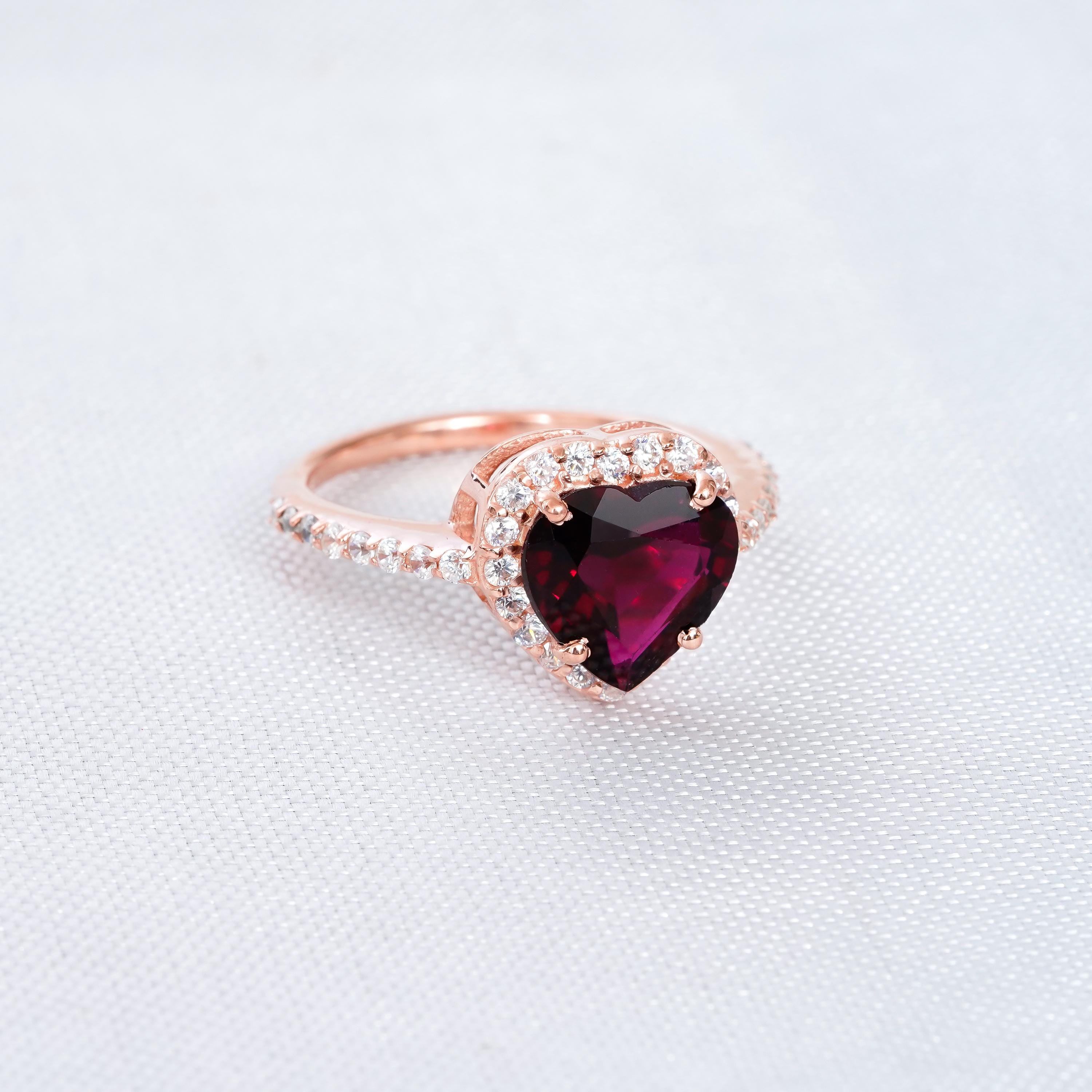 Heart Garnet Engagement Ring, 925 Sterling Silver Halo Solitaire