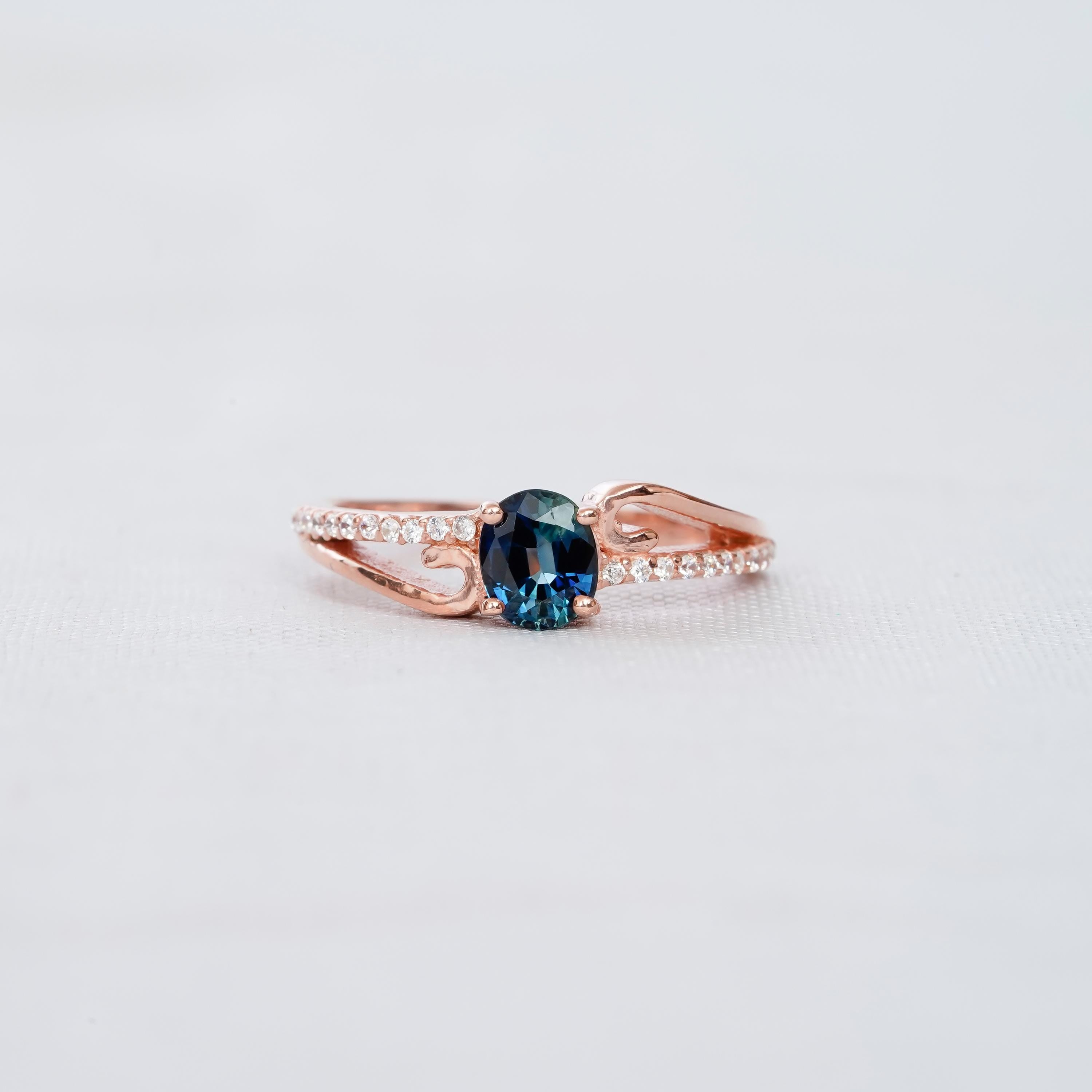 Oval Blue Sapphire Engagement Ring, Sterling Silver Bypass Halo