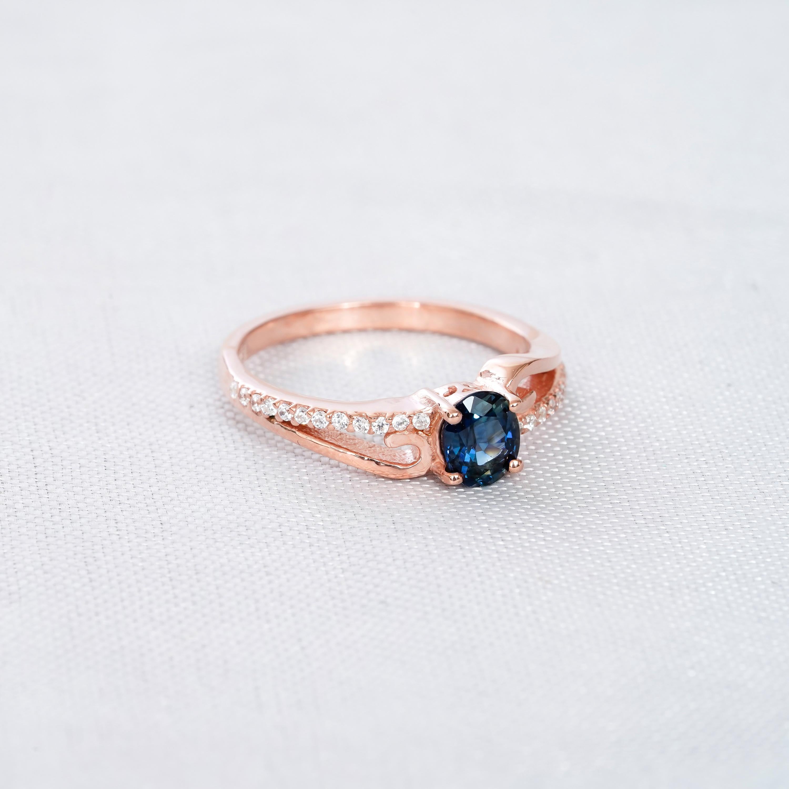 Oval Blue Sapphire Engagement Ring, Sterling Silver Bypass Halo