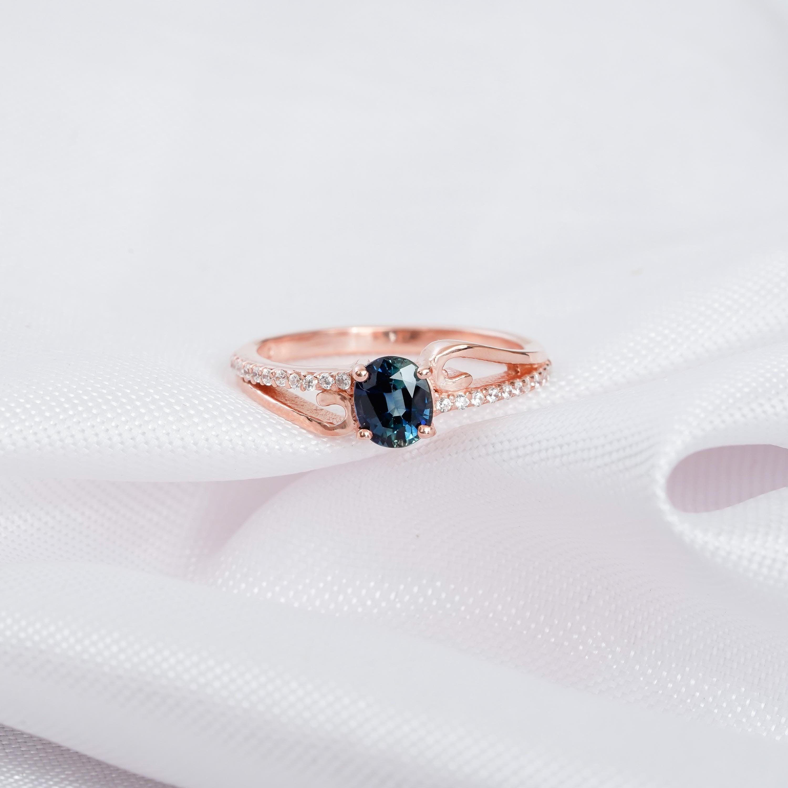 Oval Blue Sapphire Engagement Ring, Sterling Silver Bypass Halo