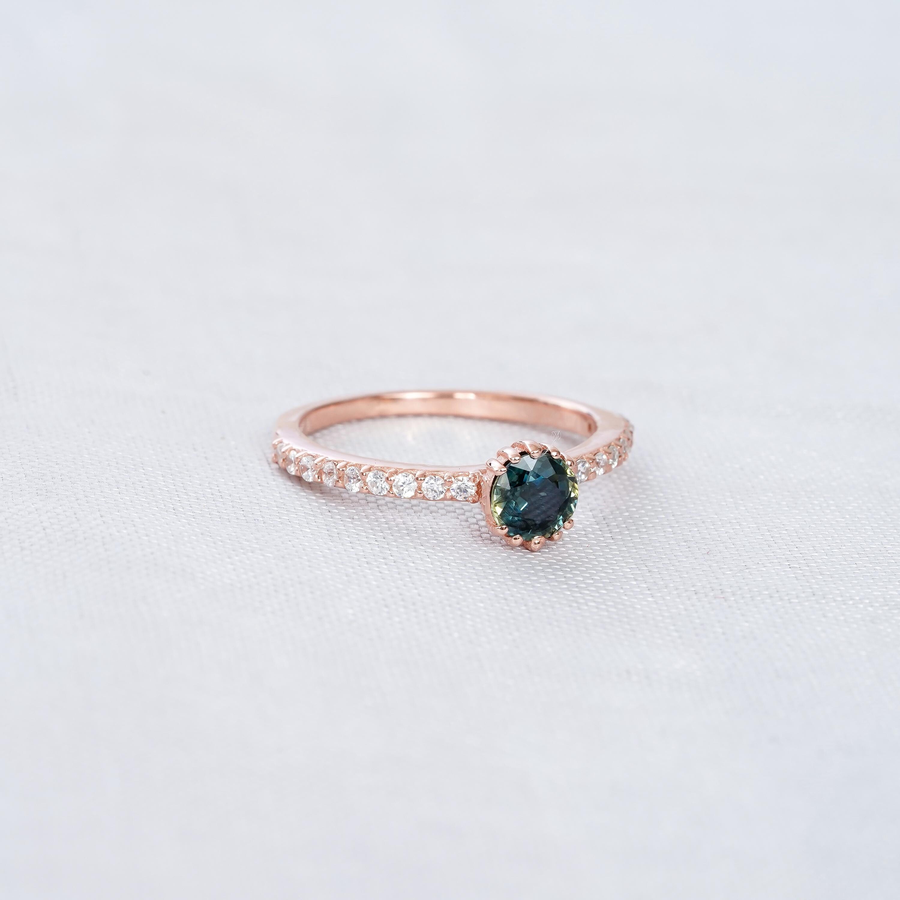 Blue Sapphire Engagement Ring, Sterling Silver Halo, Vintage Style
