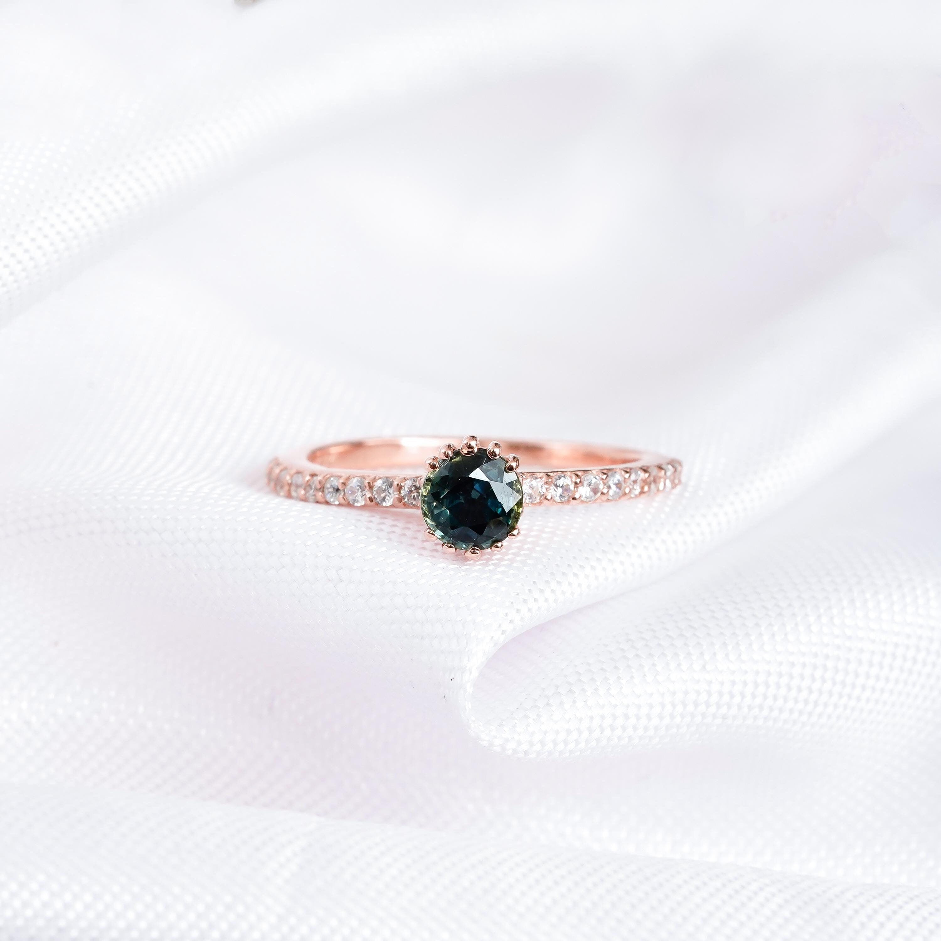 Blue Sapphire Engagement Ring, Sterling Silver Halo, Vintage Style