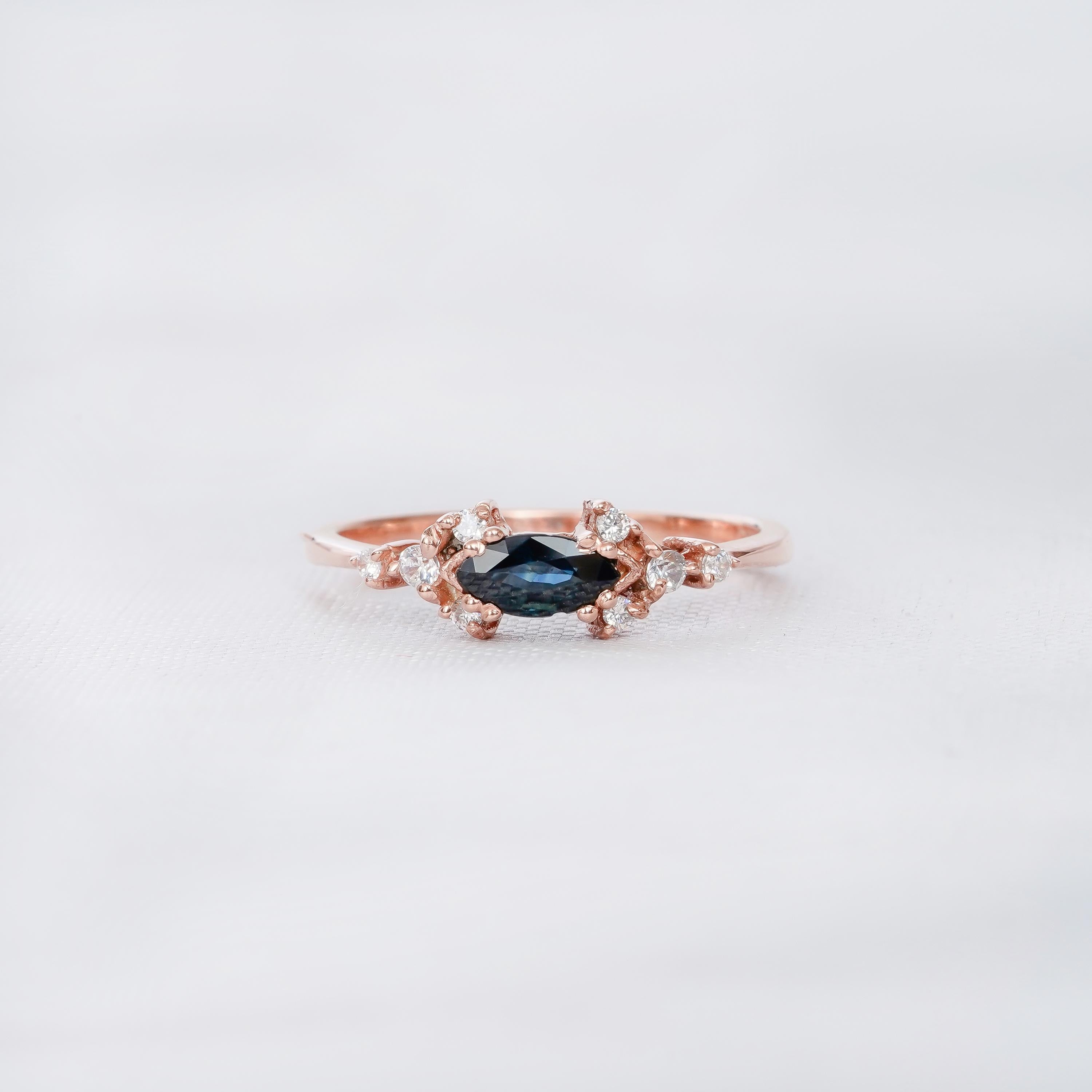 Marquise Simulated Blue Sapphire Ring, 925 Sterling Silver, Vintage Halo