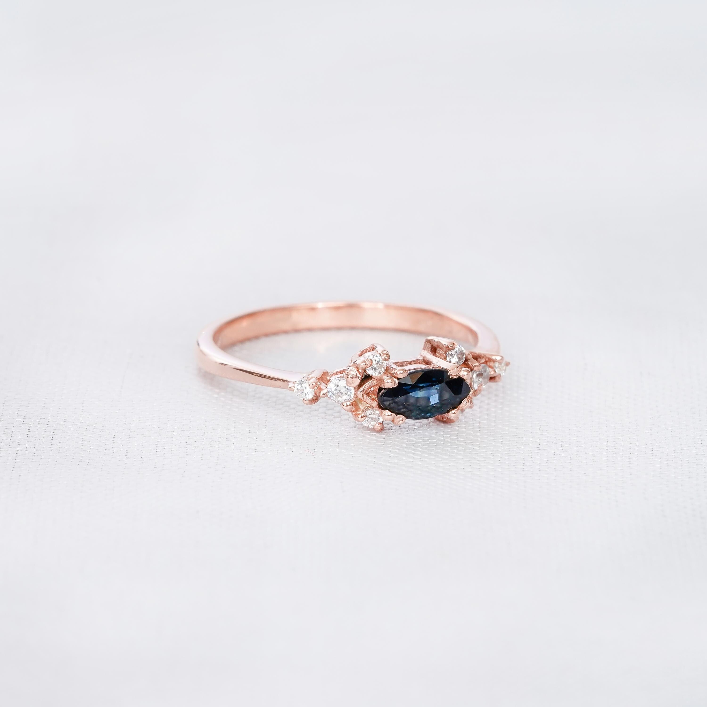 Marquise Simulated Blue Sapphire Ring, 925 Sterling Silver, Vintage Halo