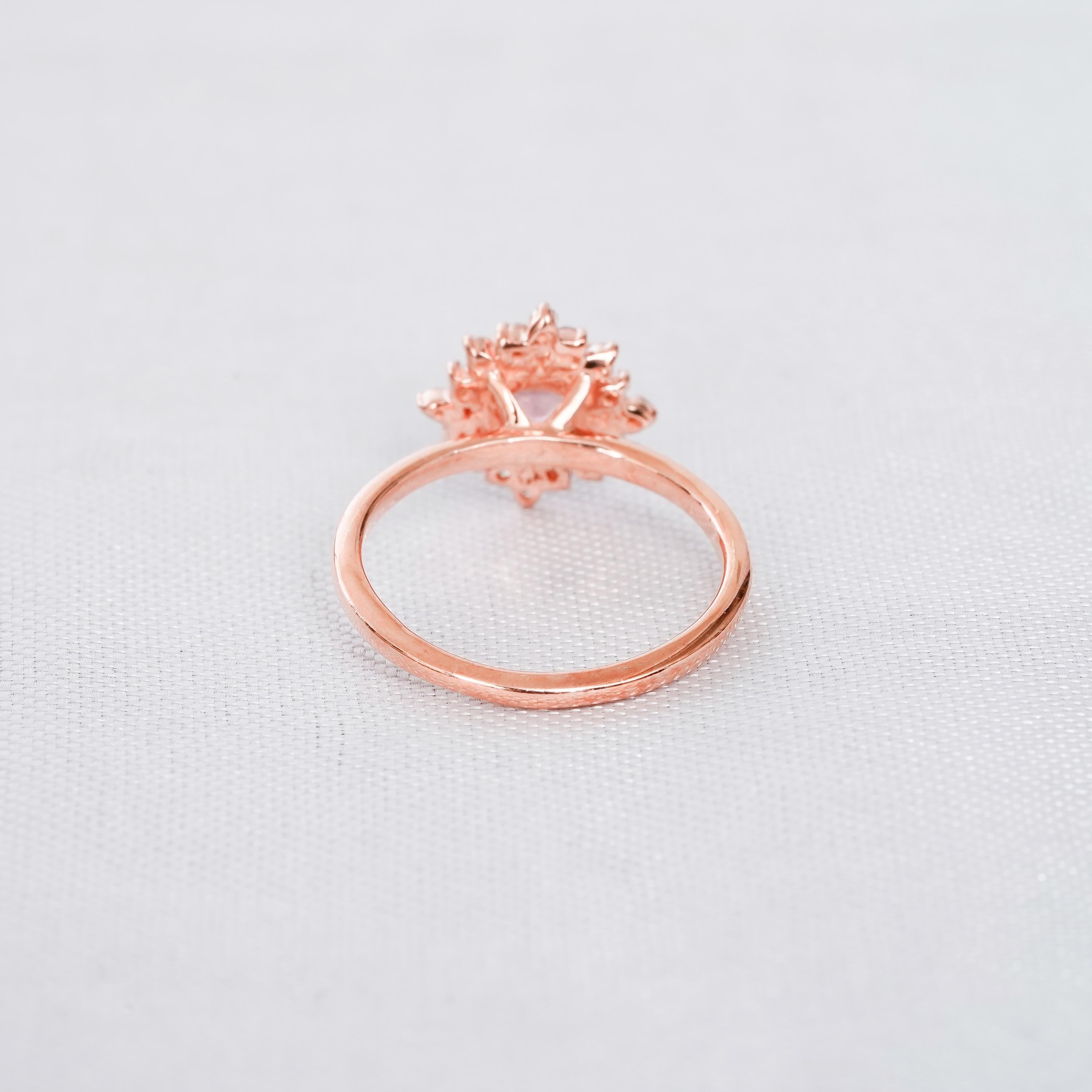 Morganite Engagement Ring, Sterling Silver Flower Halo, Art Deco Ring