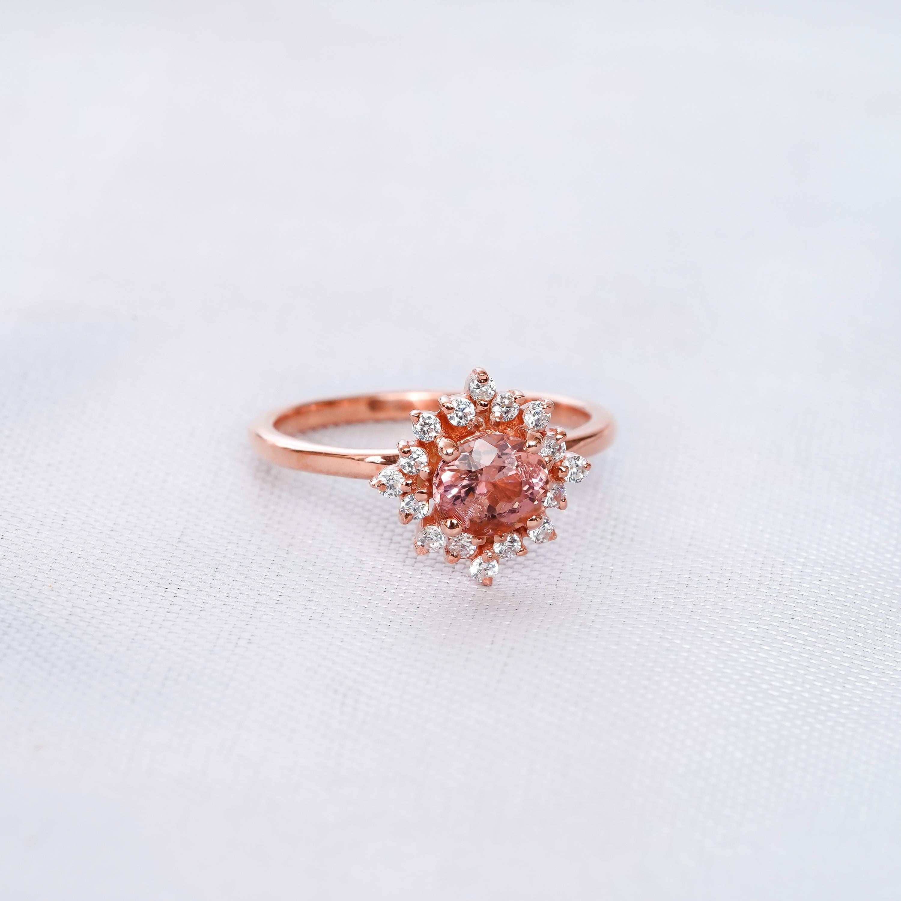 Morganite Engagement Ring, Sterling Silver Flower Halo, Art Deco Ring
