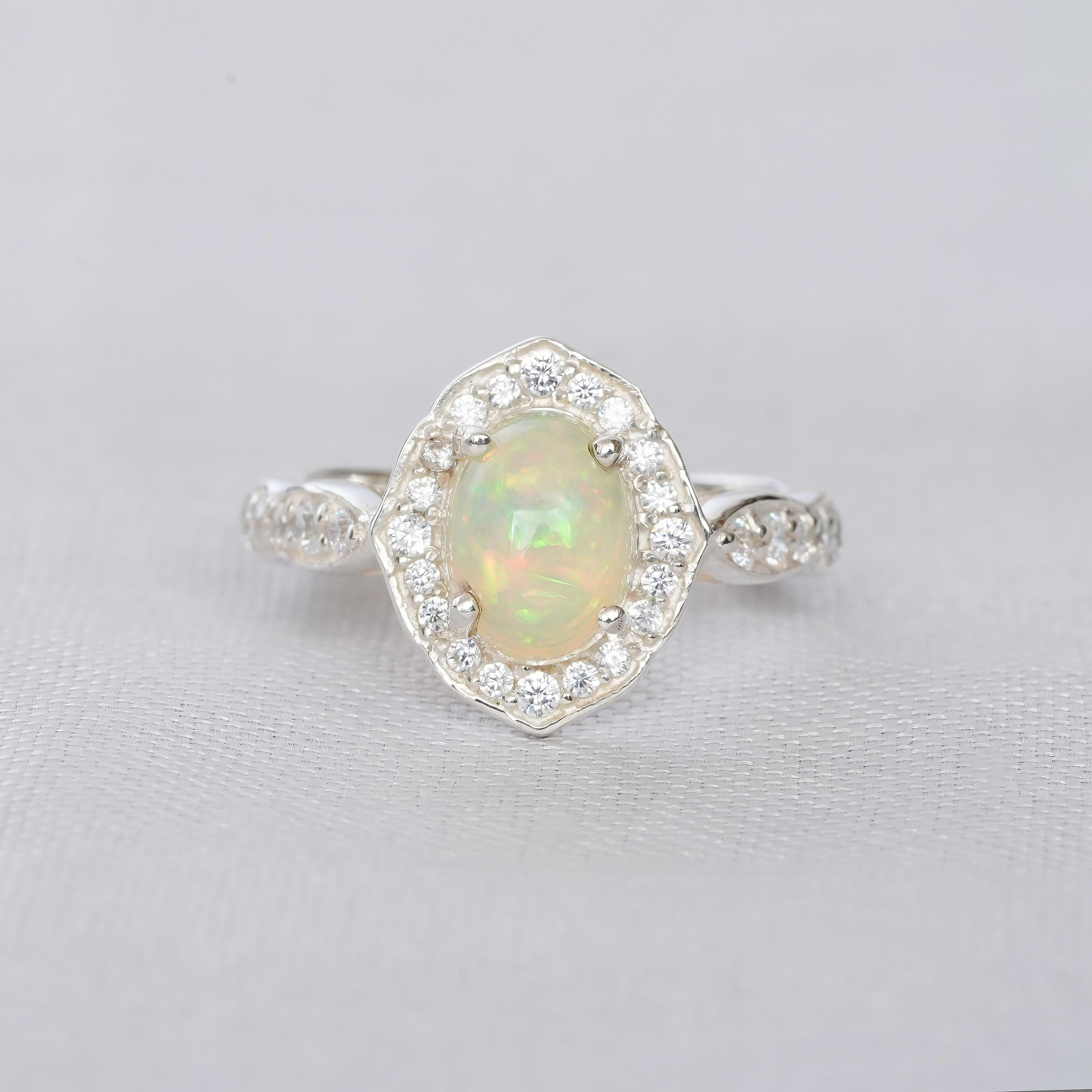 Opal Engagement Ring, Sterling Silver Flower Halo, Vintage Milgrain