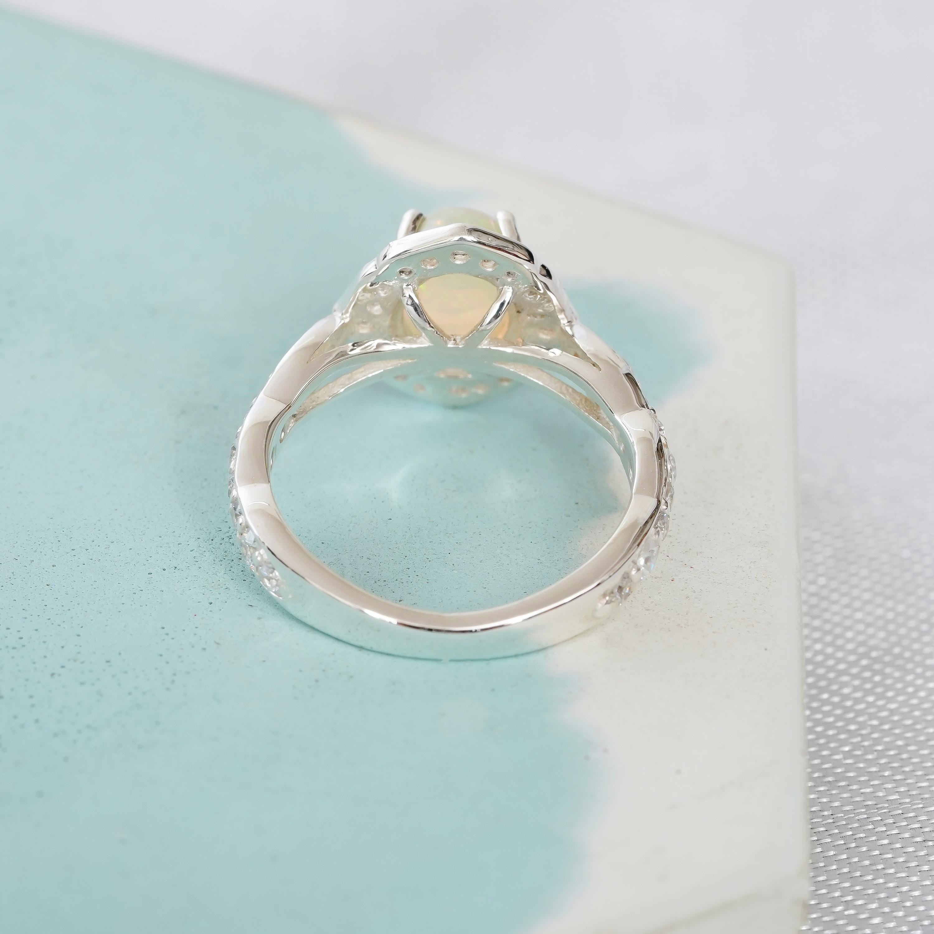 Opal Engagement Ring, Sterling Silver Flower Halo, Vintage Milgrain