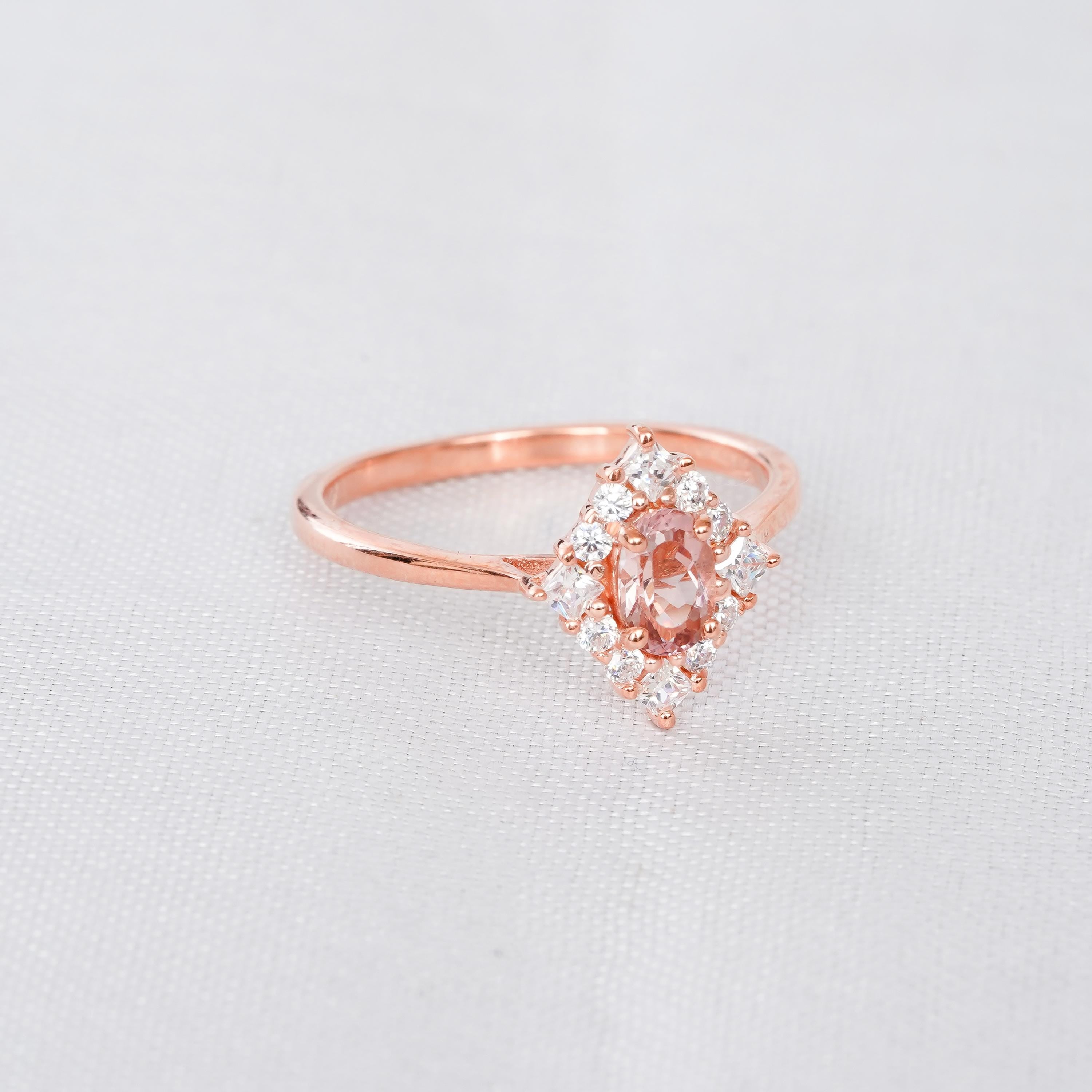Morganite Engagement Ring, 925 Sterling Silver Flower Halo, Art Deco Marquise Shape