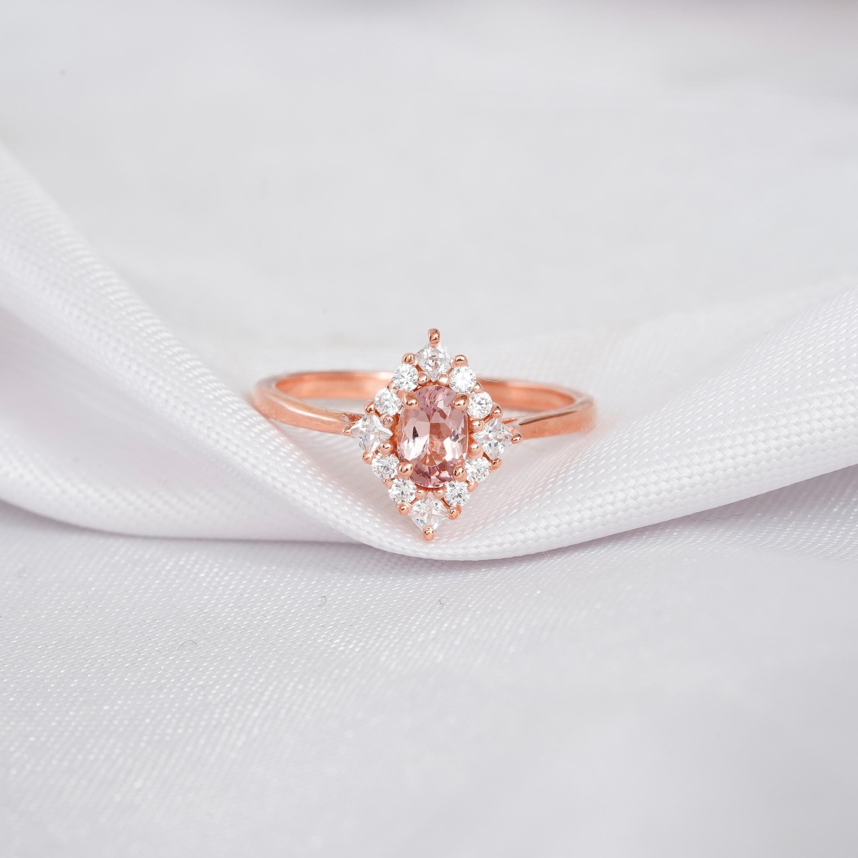 Morganite Engagement Ring, 925 Sterling Silver Flower Halo, Art Deco Marquise Shape