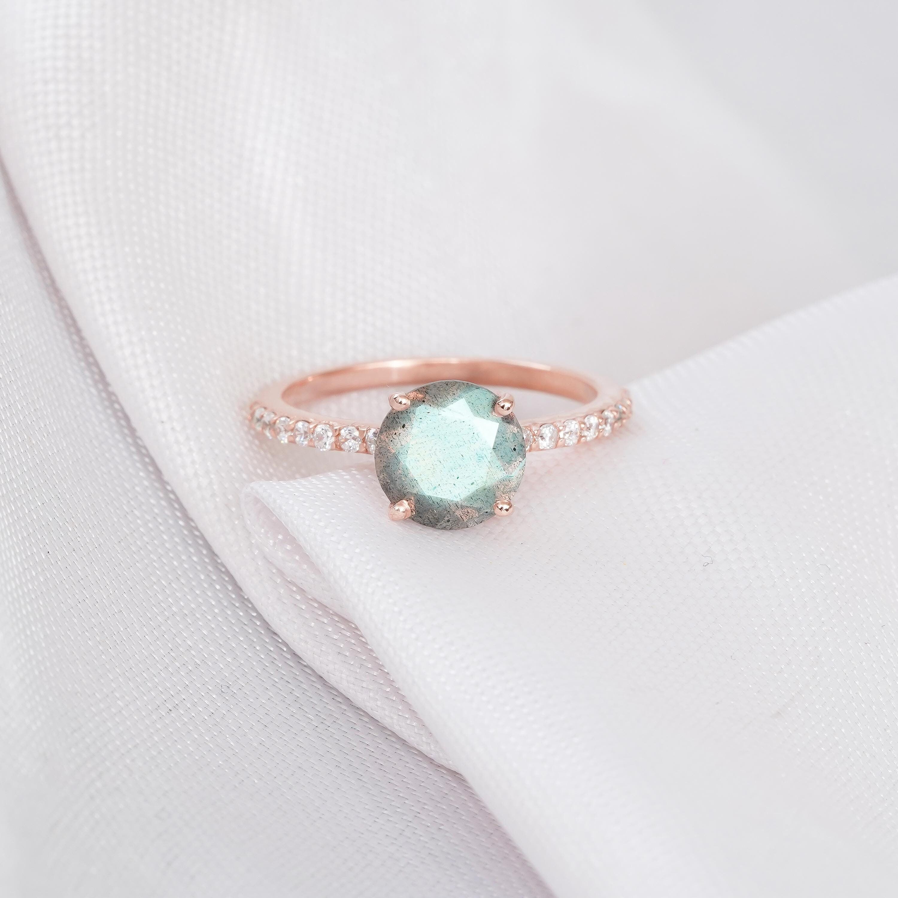 Labradorite Sterling Silver Ring, Round Rainbow Flash Halo Ring