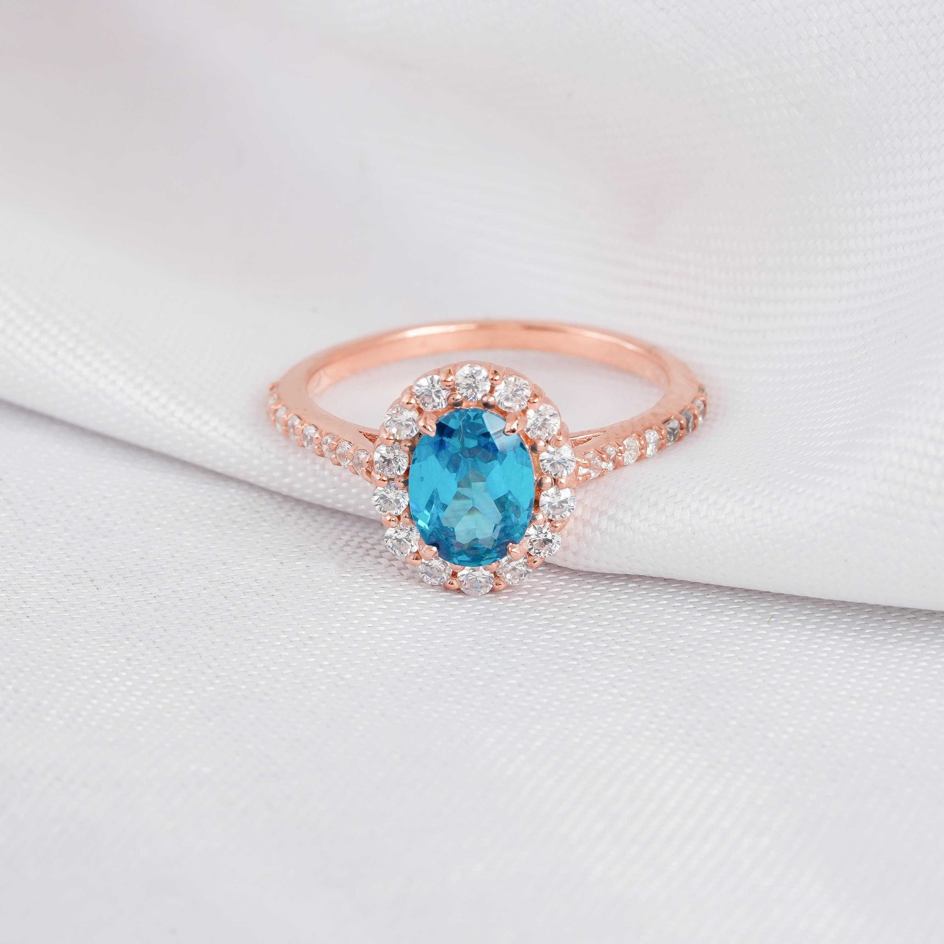 Oval Blue Topaz Engagement Ring, 925 Sterling Silver Halo Solitaire