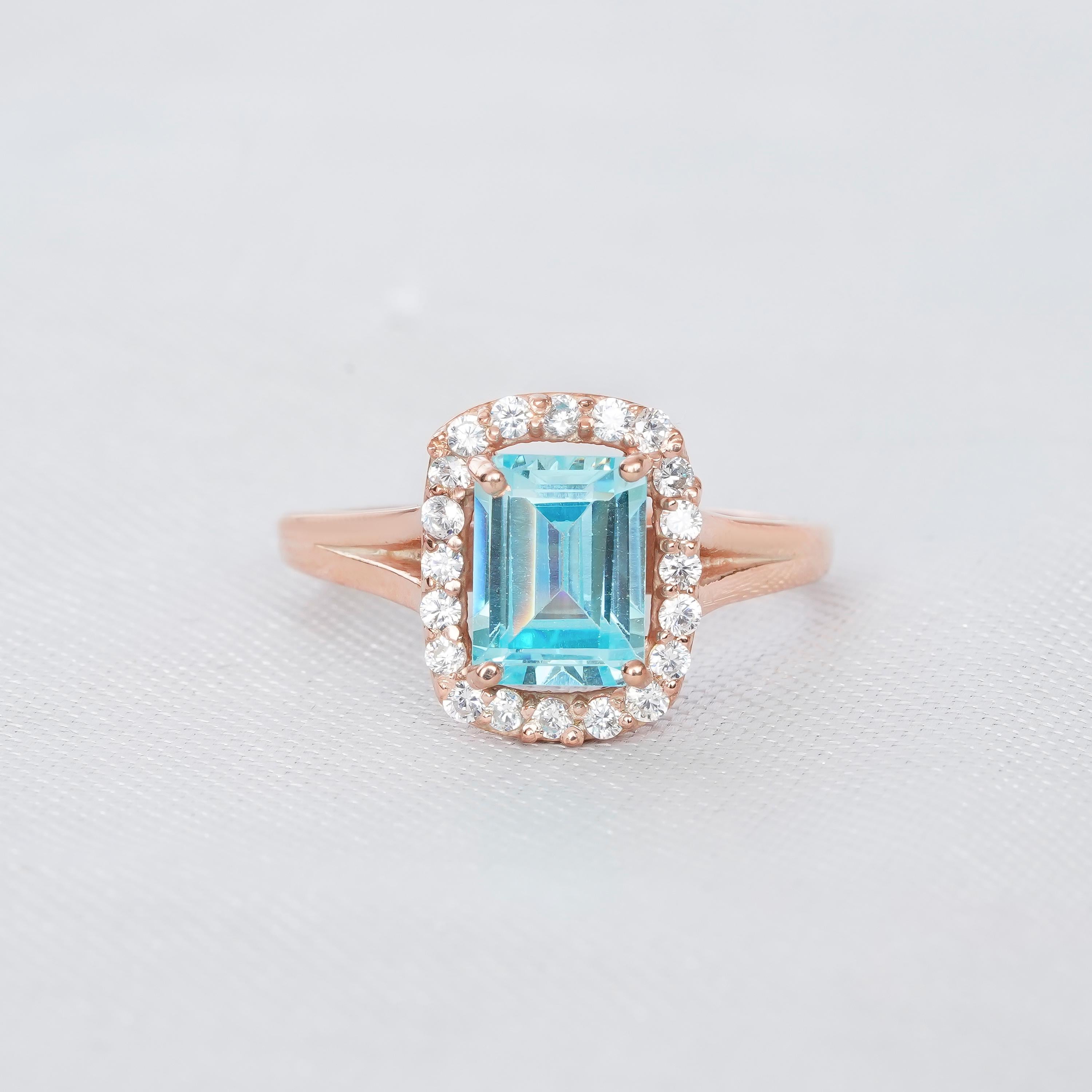 Emerald Cut Aquamarine Ring, Halo Sterling Silver, Vintage Engagement