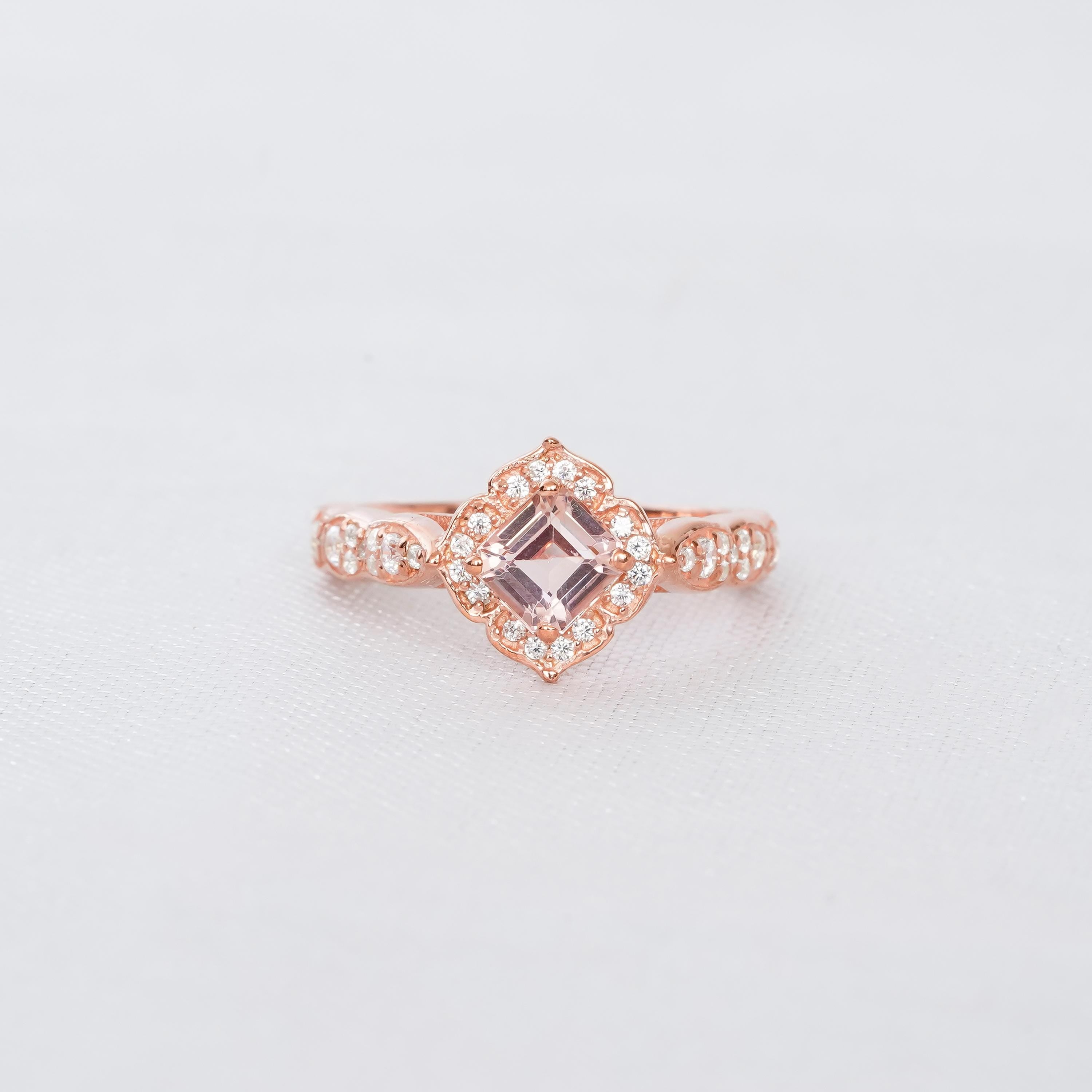 Princess Cut Peach Morganite Ring, Sterling Silver Halo Milgrain Engagement
