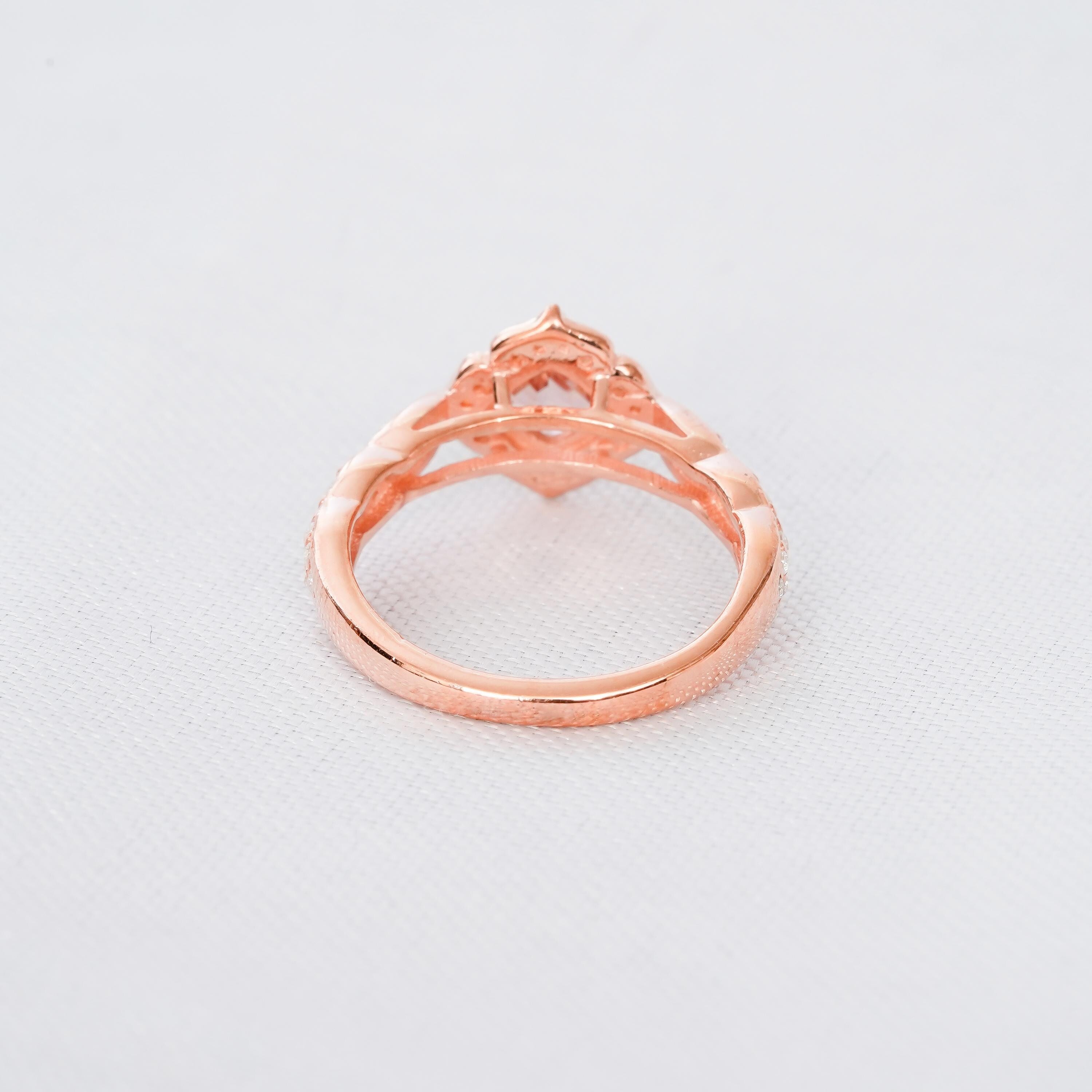 Princess Cut Peach Morganite Ring, Sterling Silver Halo Milgrain Engagement