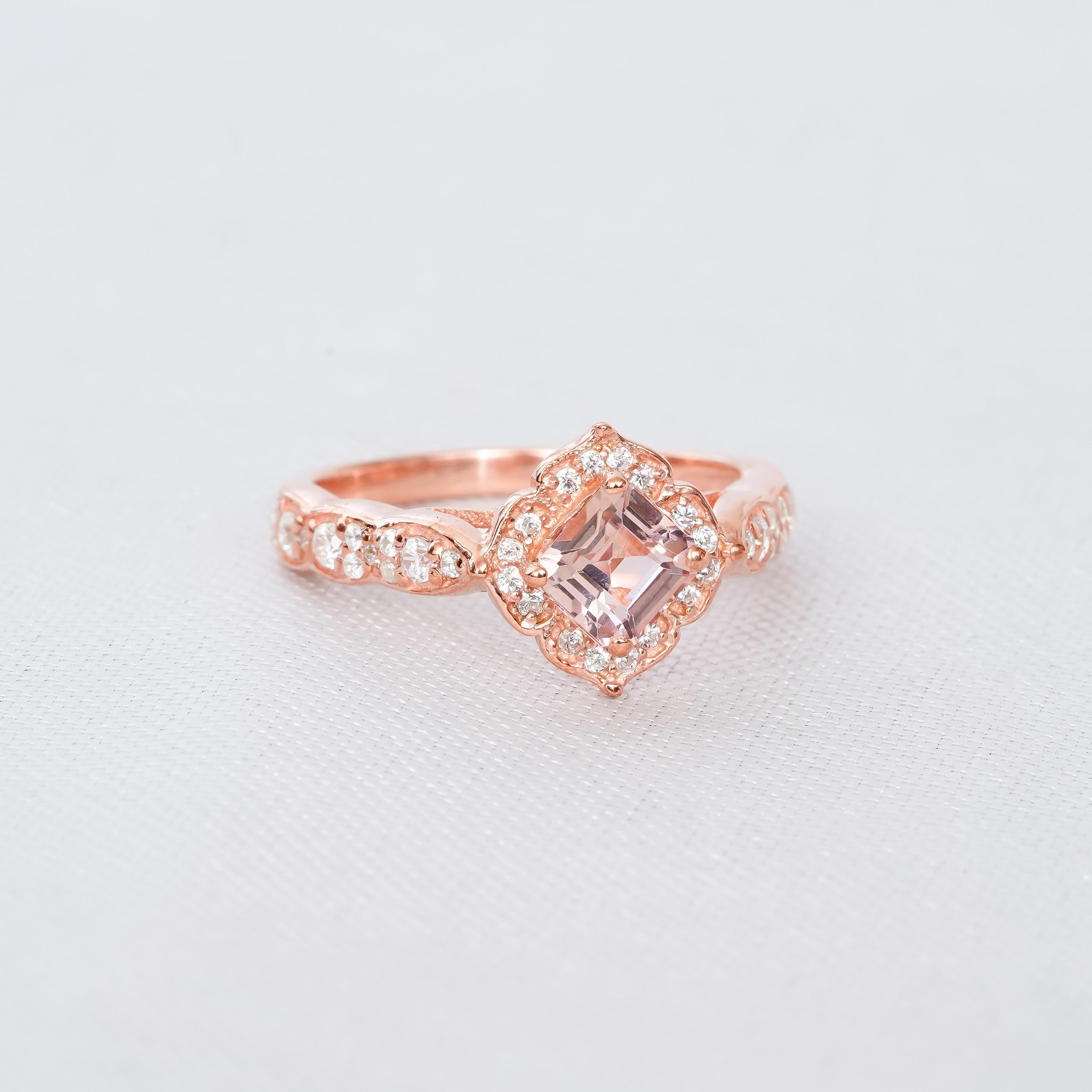 Princess Cut Peach Morganite Ring, Sterling Silver Halo Milgrain Engagement