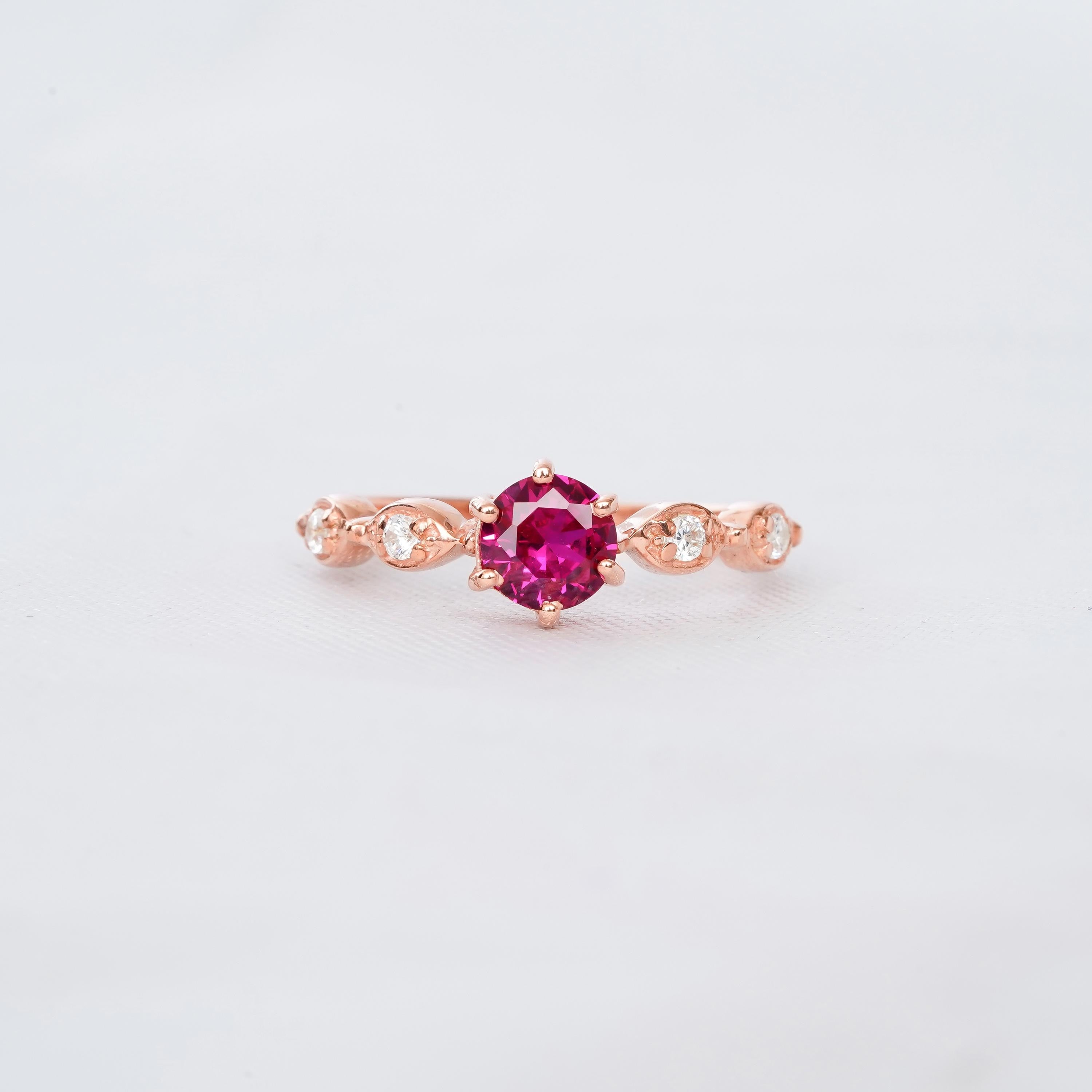 Ruby Engagement Ring, 925 Sterling Silver Halo, Milgrain Half Eternity