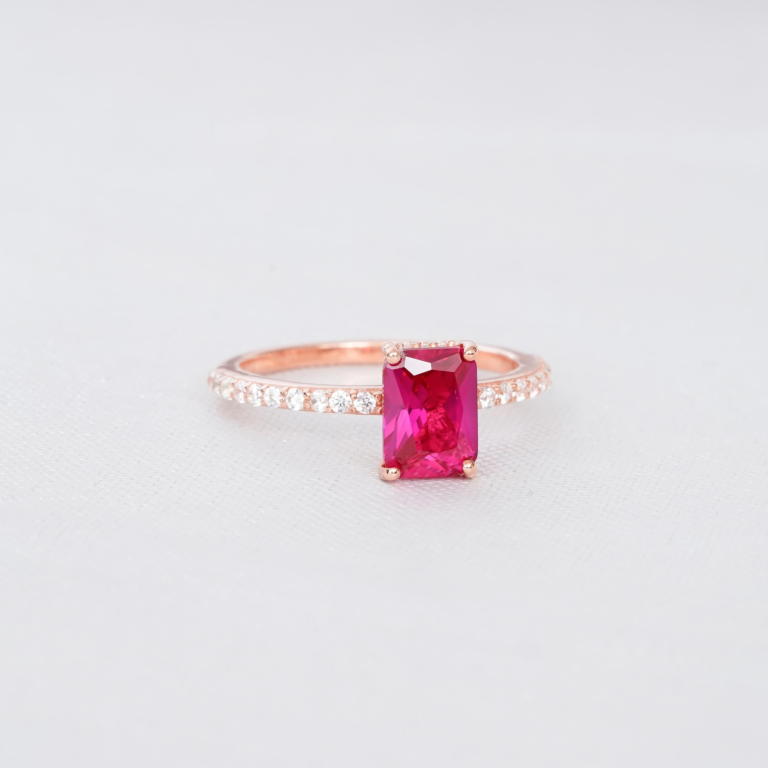 Emerald Cut Ruby Engagement Ring, 925 Sterling Silver Halo Bridal Ring