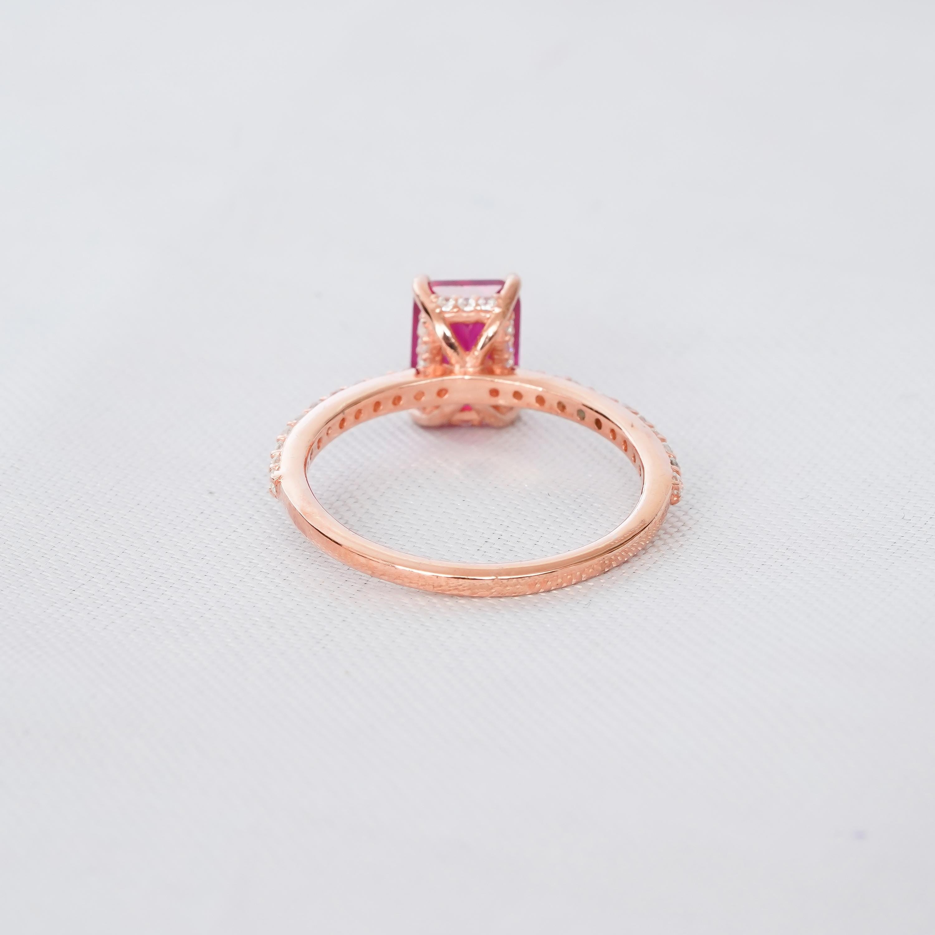 Emerald Cut Ruby Engagement Ring, 925 Sterling Silver Halo Bridal Ring