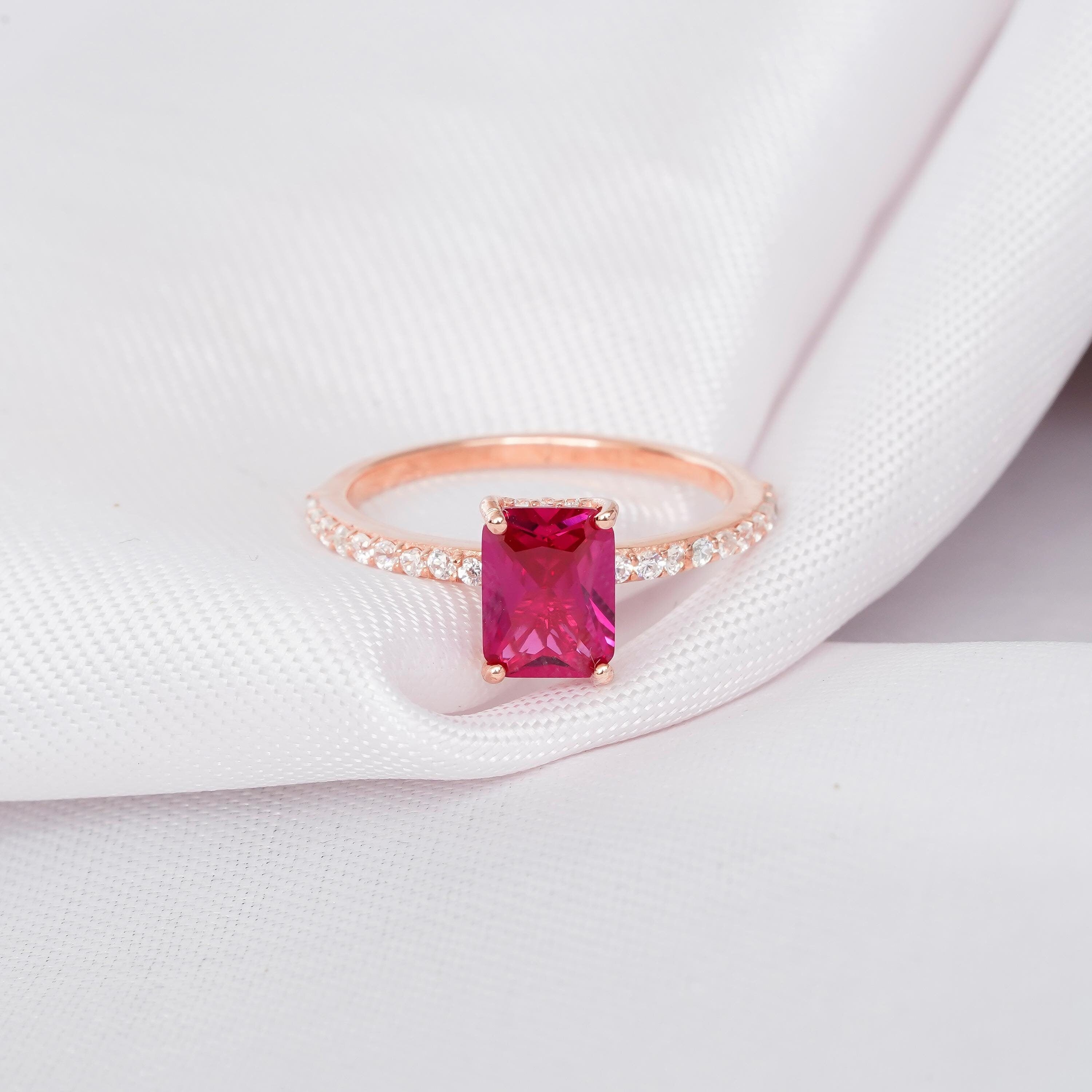 Emerald Cut Ruby Engagement Ring, 925 Sterling Silver Halo Bridal Ring