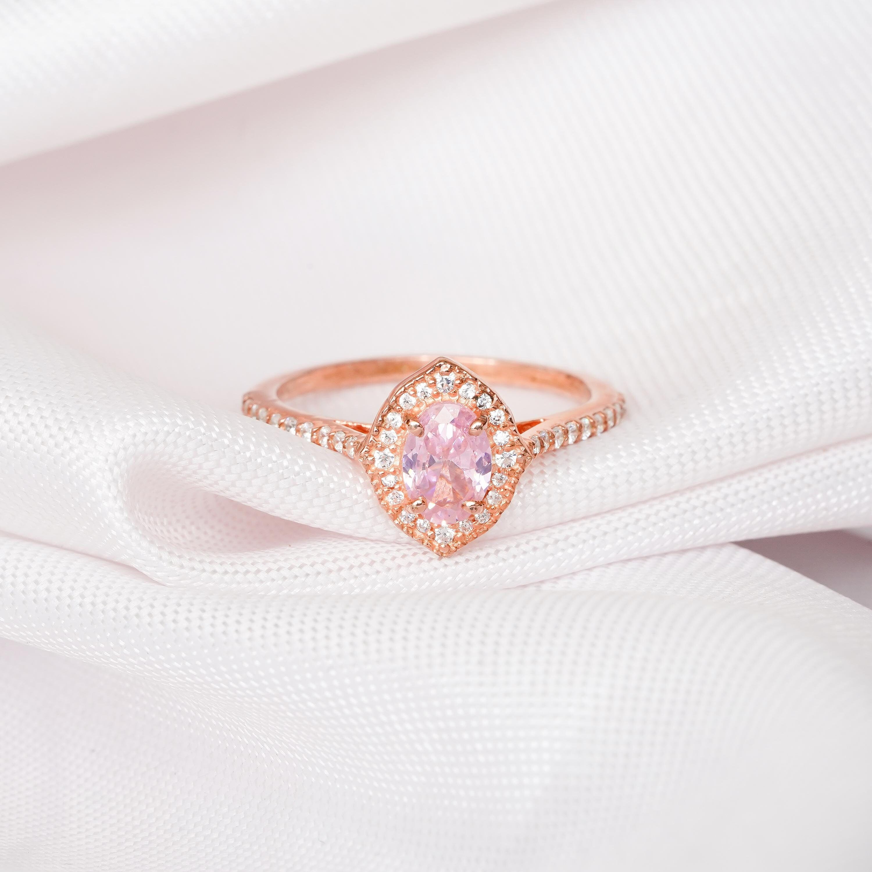 Oval Morganite Halo Ring, 925 Sterling Silver Milgrain Promise Ring