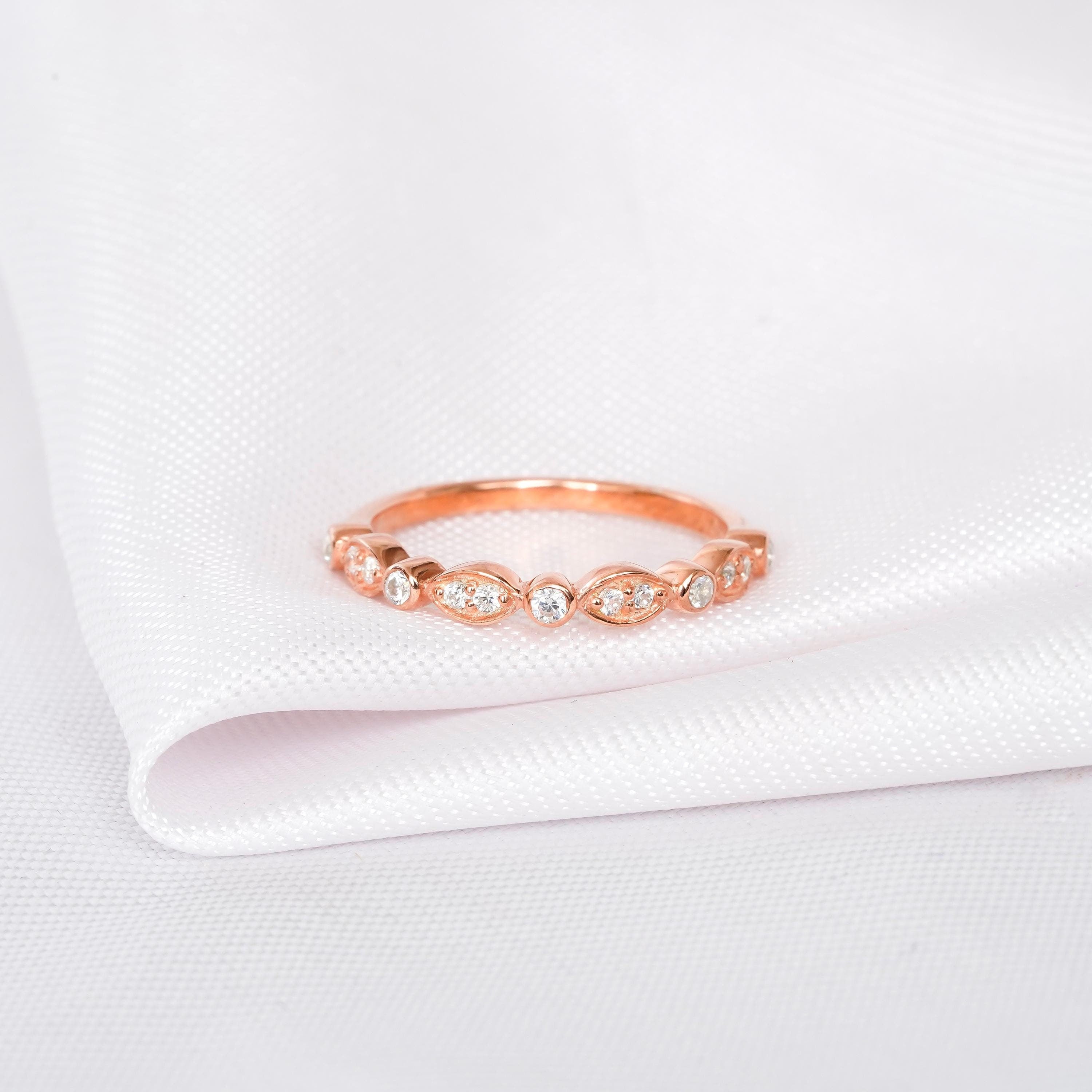 Art Deco Moissanite Wedding Band, Sterling Silver Milgrain Ring