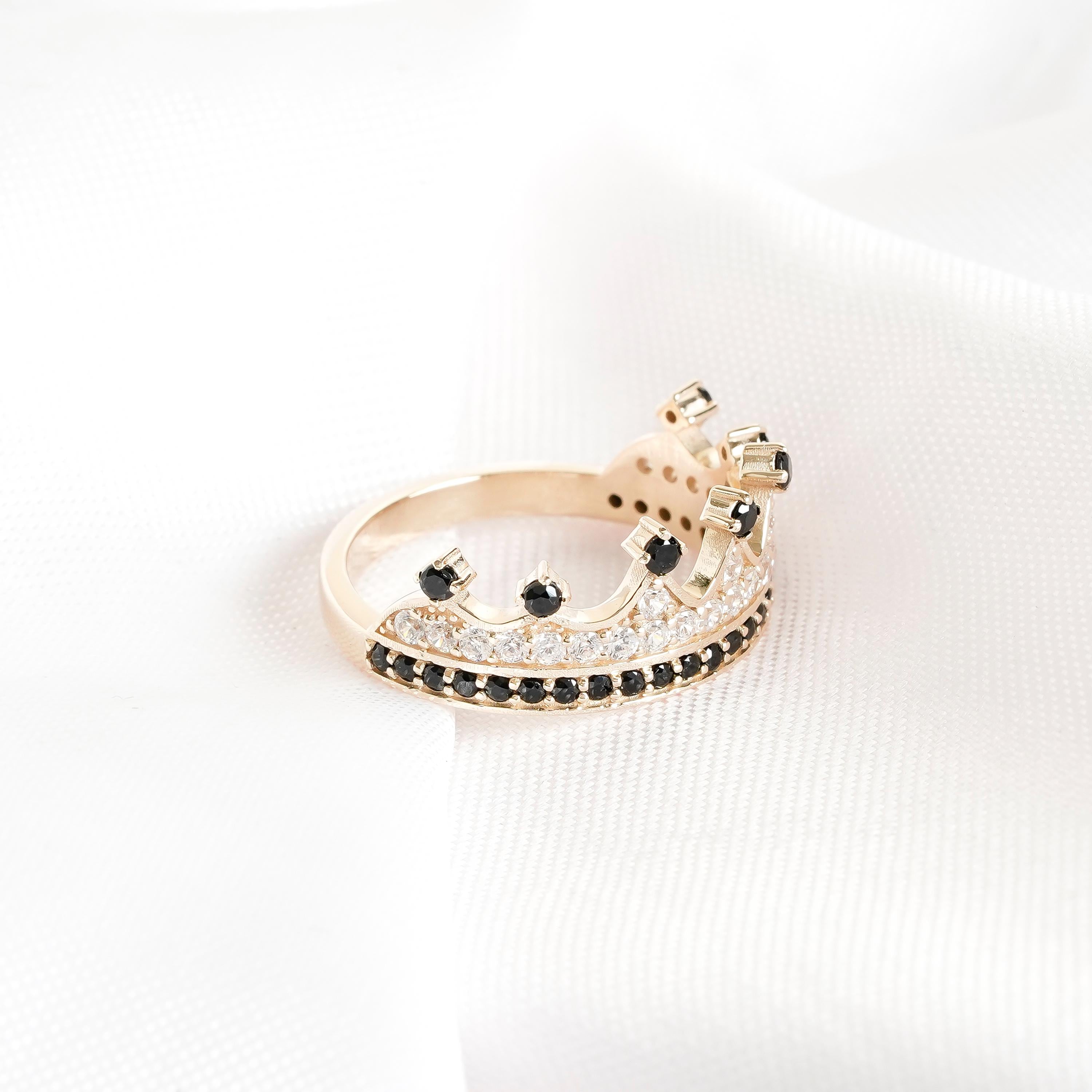 Black Onyx Crown Ring, Moissanite Pave Sterling Silver Wedding Band