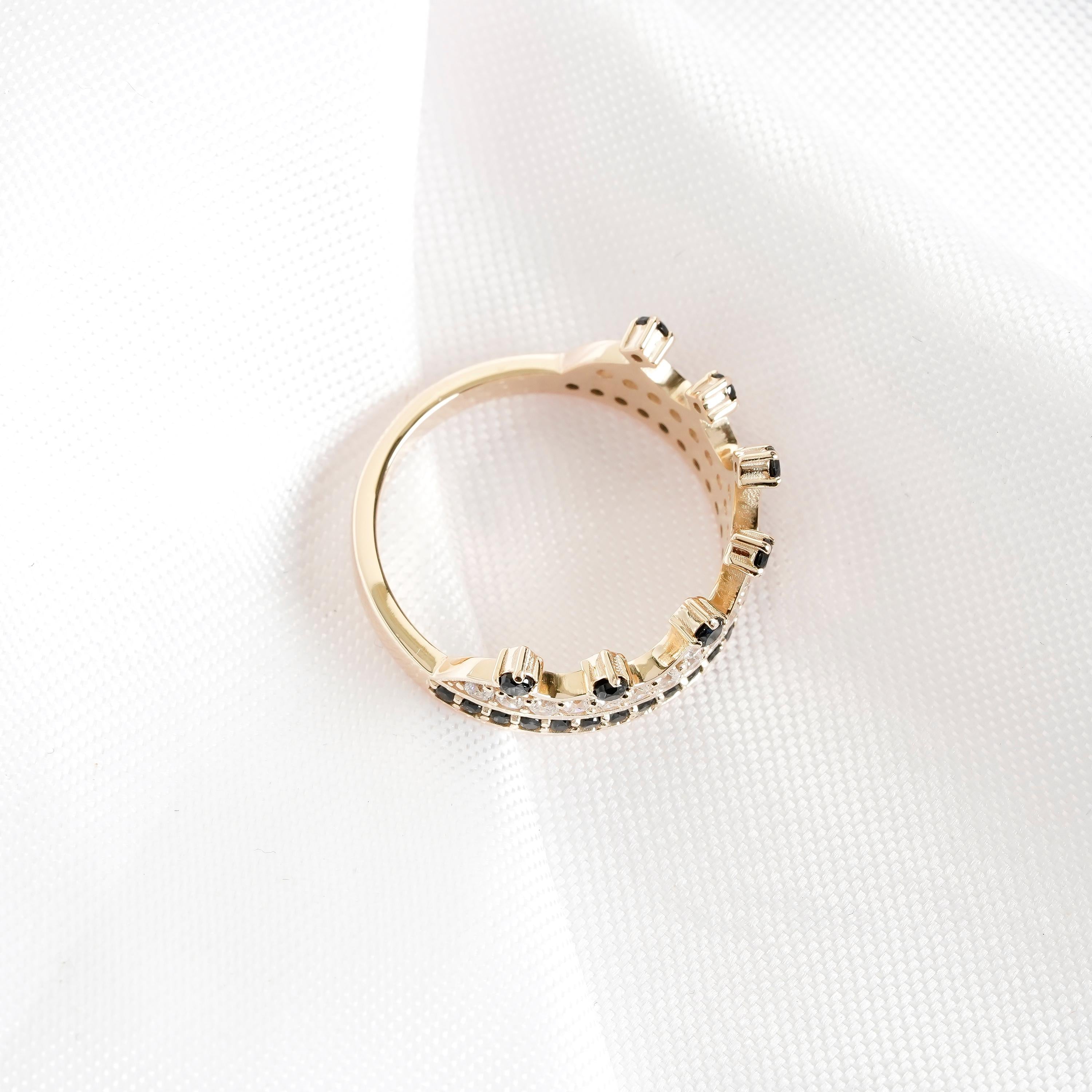 Black Onyx Crown Ring, Moissanite Pave Sterling Silver Wedding Band