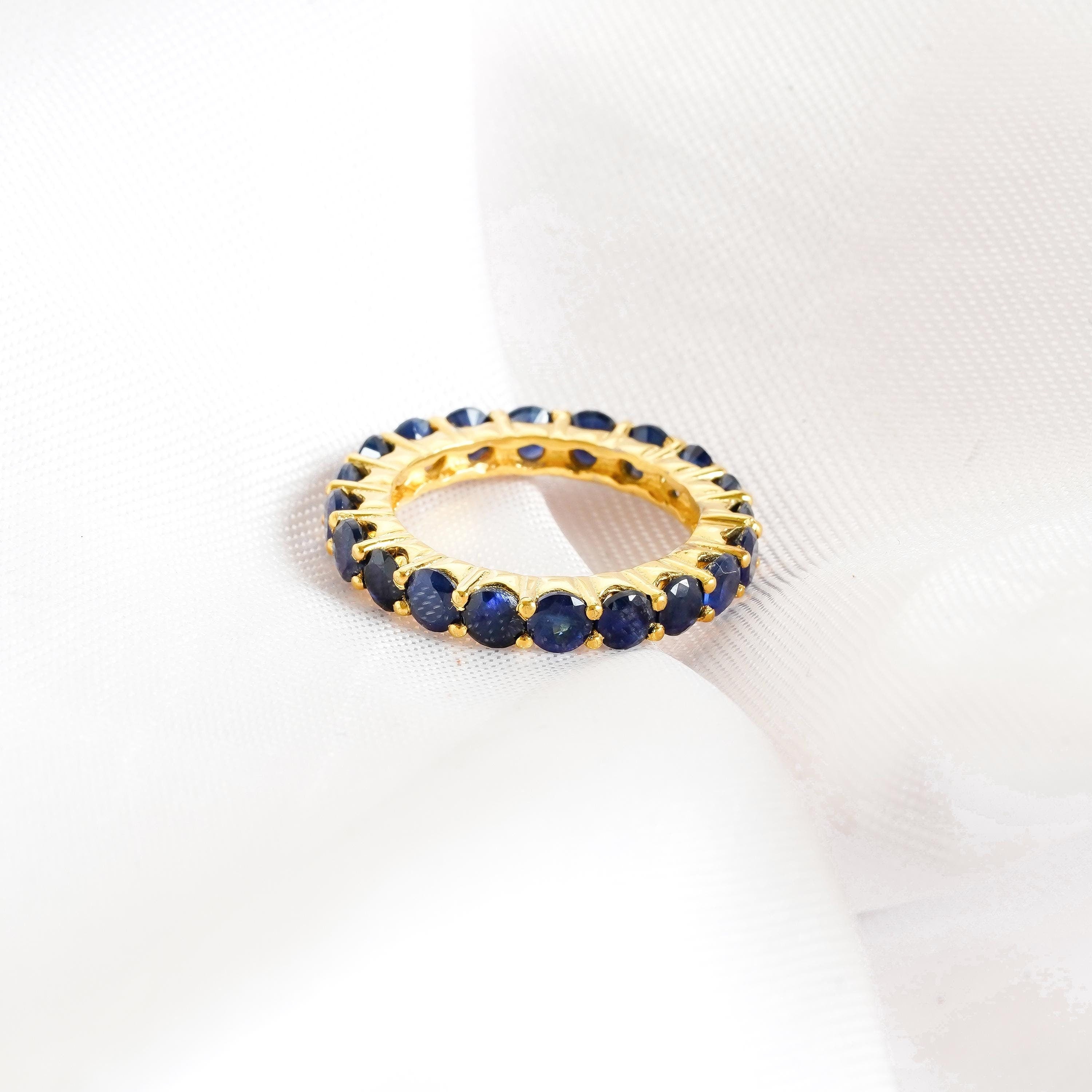 Blue Sapphire Eternity Band, 925 Sterling Silver Wedding Ring