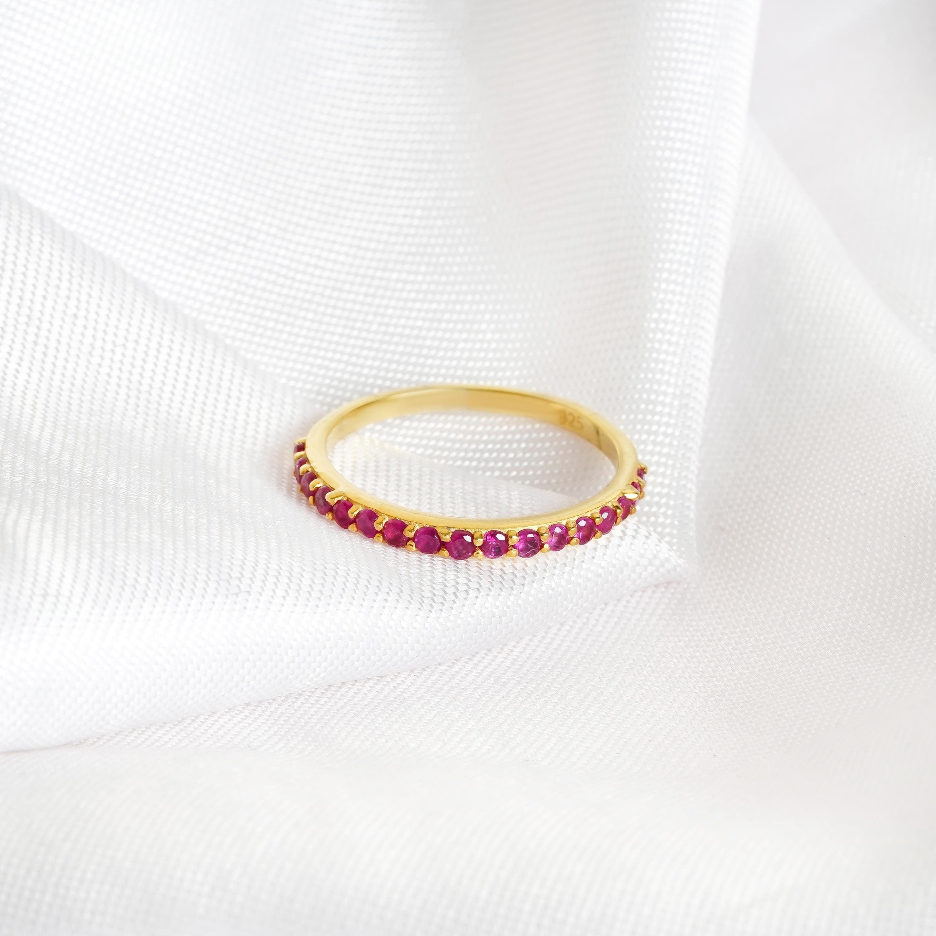 Ruby Half Eternity Band, Sterling Silver Stackable Ring