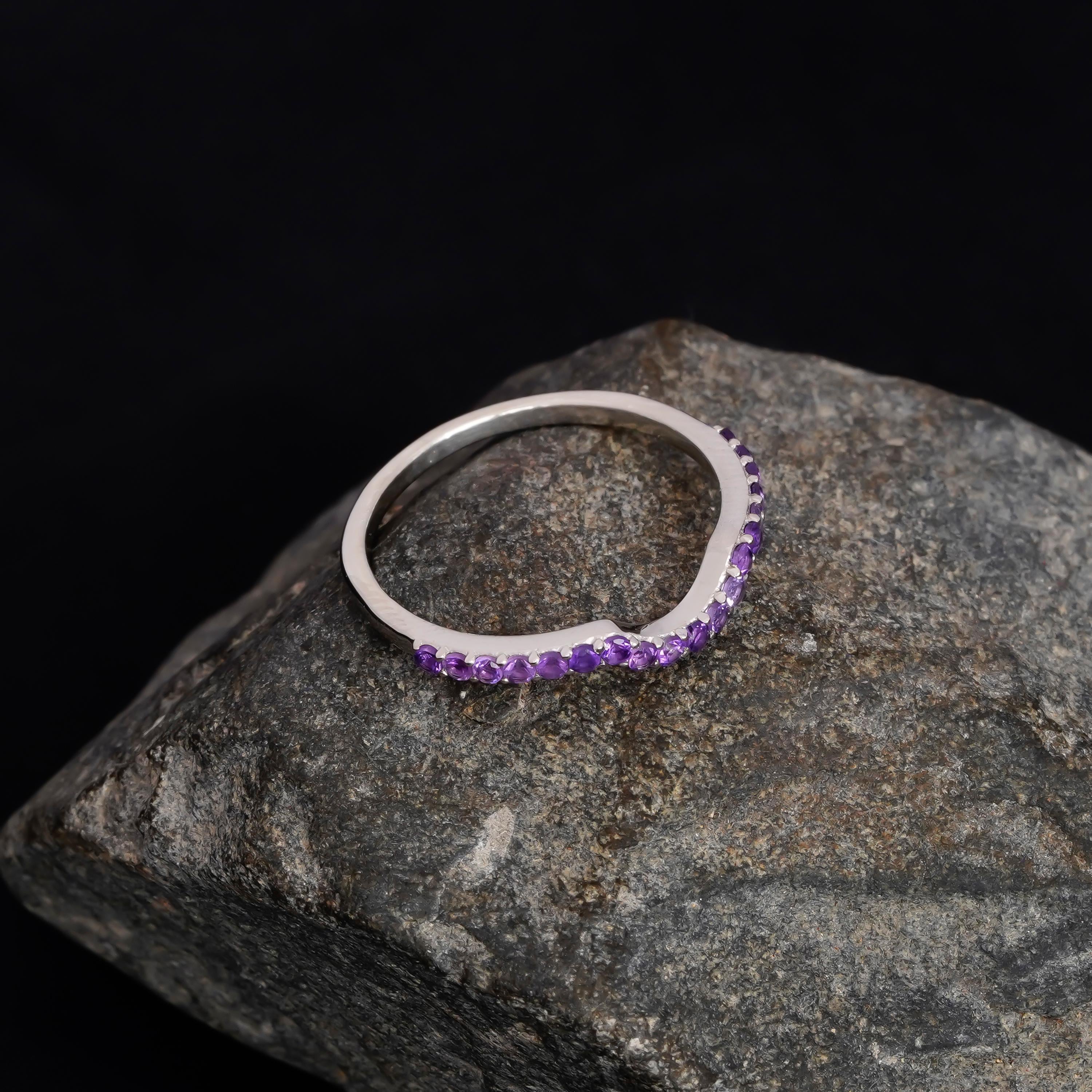Amethyst Sterling Silver Wedding Band - Curved Stackable Ring